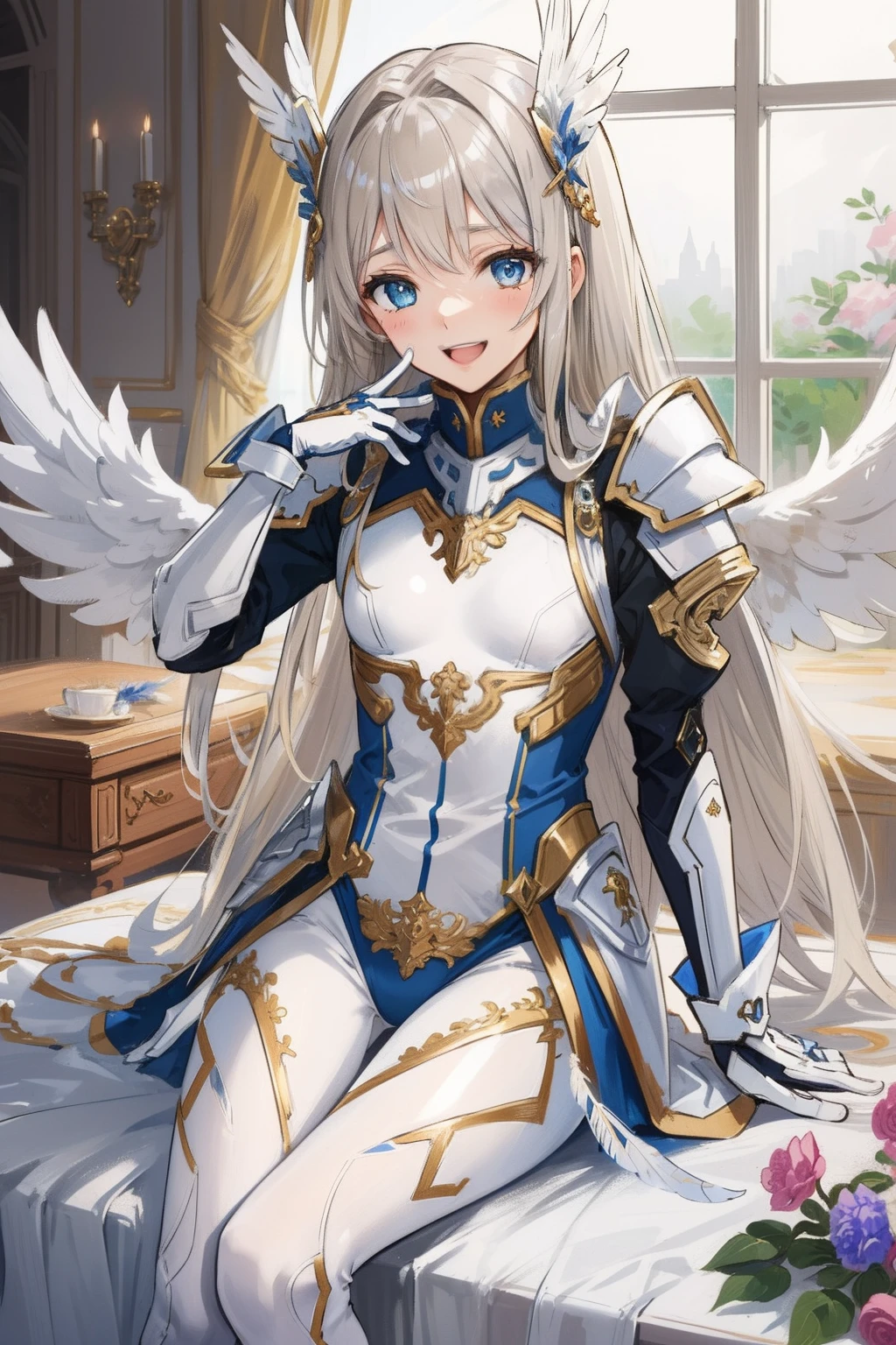 (master piece, Best Quality), Intricate details, valkyrie, (((laugh))), Hand up, Looking at Viewer, Feather Headgear, Flower meadow, (((flat breast))) sitting, 22yo,
1 girl in, Solo, Portrait, ash Blonde Hair, drooping eyes, Single Thigh, silver Independent Single Sleeve, gloves,
mecha musume, white bodysuit, silver Reinforced Suit, Mini Feather Wings, pantyhose, white full armor, flower decoration,