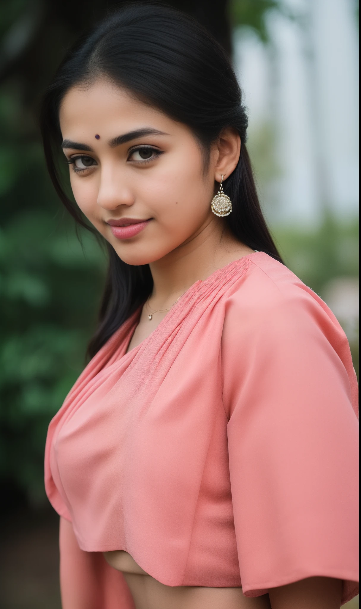 ((RAW, analog style)), face, extremely detailed full body color photo of a 25 y.o girl, beautiful face, beautiful eyes, ((small nose)), big natural lips, ((fabric crop top)), small breasts, slim body, outdoor, trees, ((film grain, skin details, high detailed skin texture, 8k hdr, dslr)), indian female model Amrita Rao
