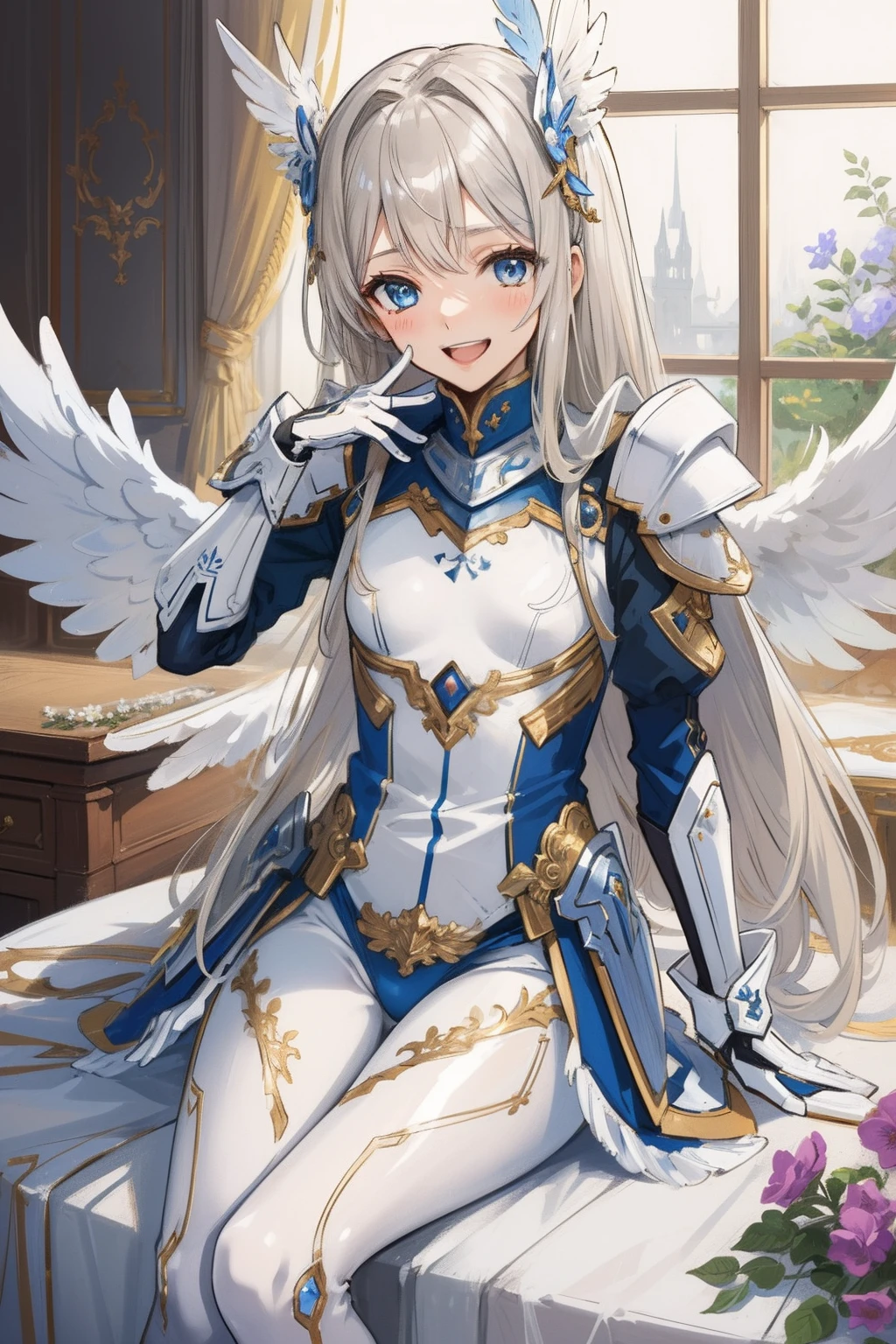 (master piece, Best Quality), Intricate details, valkyrie, (((laugh))), Hand up, Looking at Viewer, Feather Headgear, Flower meadow, (((flat breast))) sitting, 22yo,
1 girl in, Solo, Portrait, ash Blonde Hair, drooping eyes, Single Thigh, silver Independent Single Sleeve, gloves,
mecha musume, white bodysuit, silver Reinforced Suit, Mini Feather Wings, pantyhose, white full armor, flower decoration,