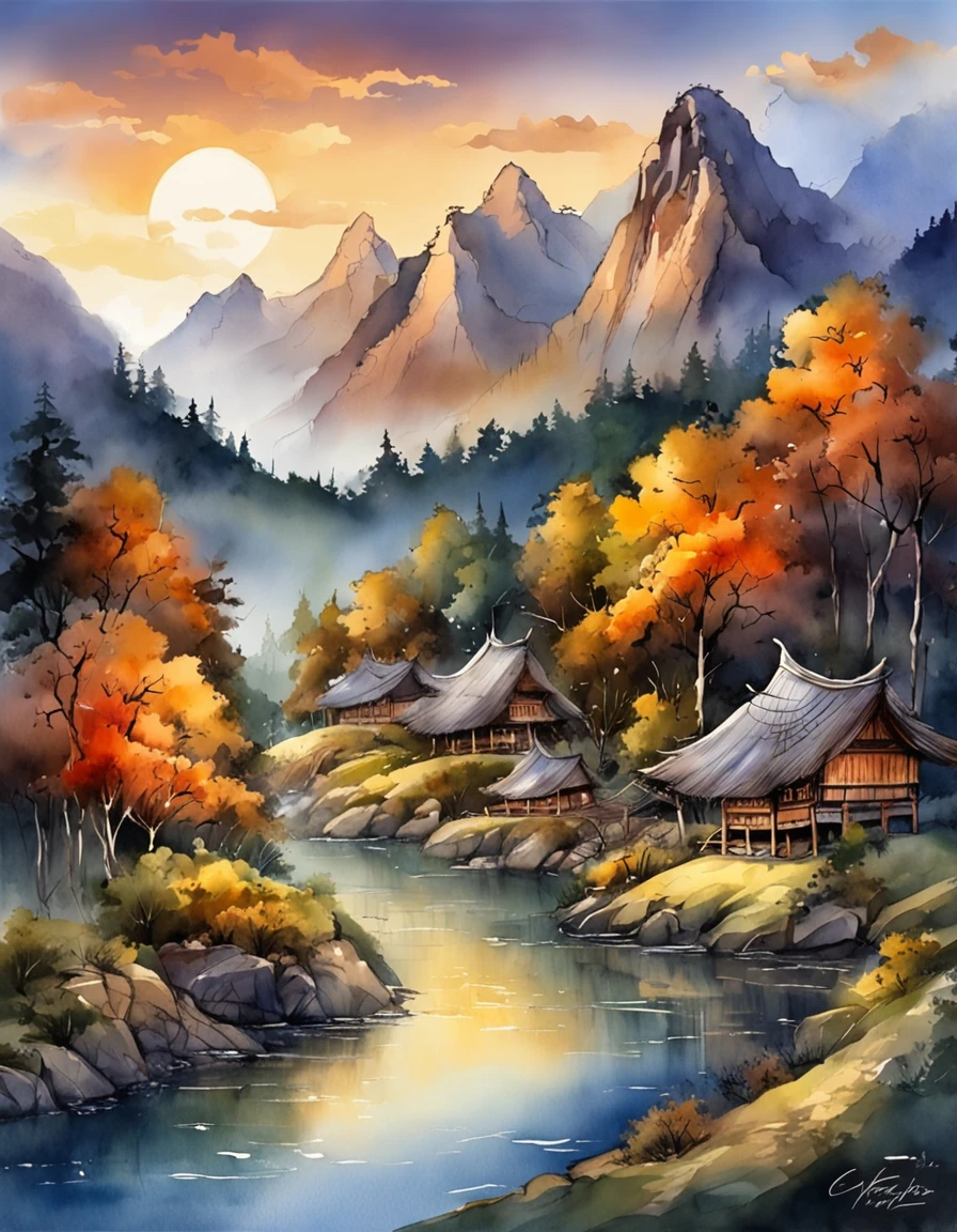 Bizarre steep peaks,There is a creek at the bottom of the mountain,There is a moonlight reflection in the stream,The village huts also have cooking smoke rising,Welcome pine trees are strangely shaped,Sway with the wind
Matte look,Surreal Photo,dream magical,pixel-perfect,hyper HD,in a panoramic view,8K分辨率,ultra-wide-angle,Faraway view,chinese paintings,Realistis,concept-art