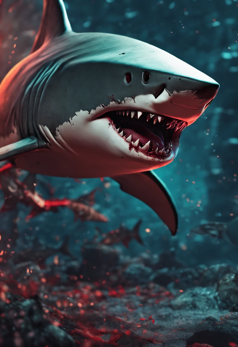 A shark in the deep sea crushing a electrical wire
