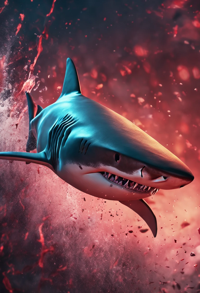 Shark with bloodstained armor, bloodstained face, serious look, looking at camera, detailed cinematic dramatic skin, artistic background, 4k image