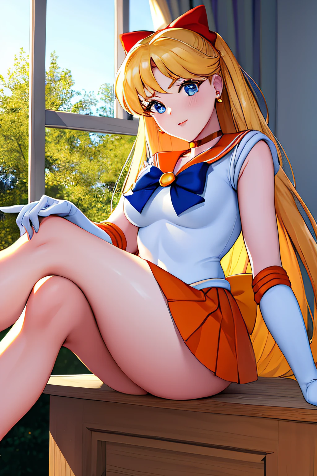masterpiece, best quality, highres, venus1, 1girl, solo, sailor senshi uniform, sailor venus, aino minako, blonde hair, magical girl, blue eyes, orange skirt, elbow gloves, tiara, pleated skirt, hair bow, orange sailor collar, miniskirt, choker, red bow, orange choker, white gloves, very long hair,  jewelry,  earrings, sitting, crossed legs,