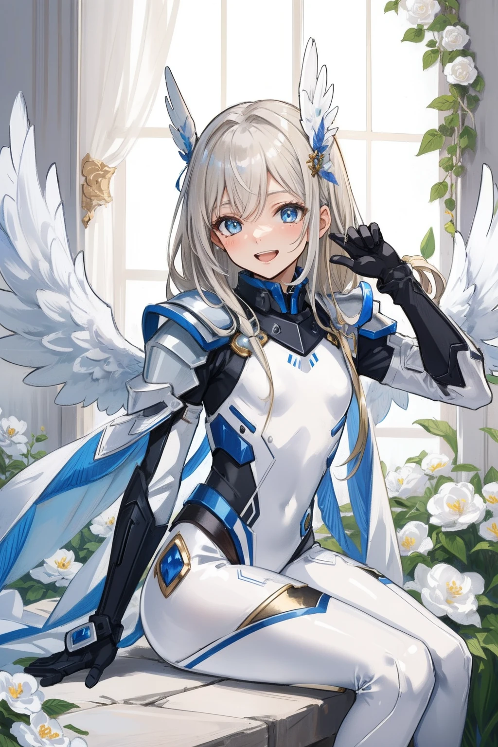 (master piece, Best Quality), Intricate details, valkyrie, (((laugh))), Hand up, Looking at Viewer, Feather Headgear, Flower meadow, (((flat breast))) sitting, 22yo,
1 girl in, Solo, Portrait, ash Blonde Hair, drooping eyes, Single Thigh, silver Independent Single Sleeve, gloves,
mecha musume, white bodysuit, silver Reinforced Suit, Mini Feather Wings, pantyhose, white full armor, flower decoration,