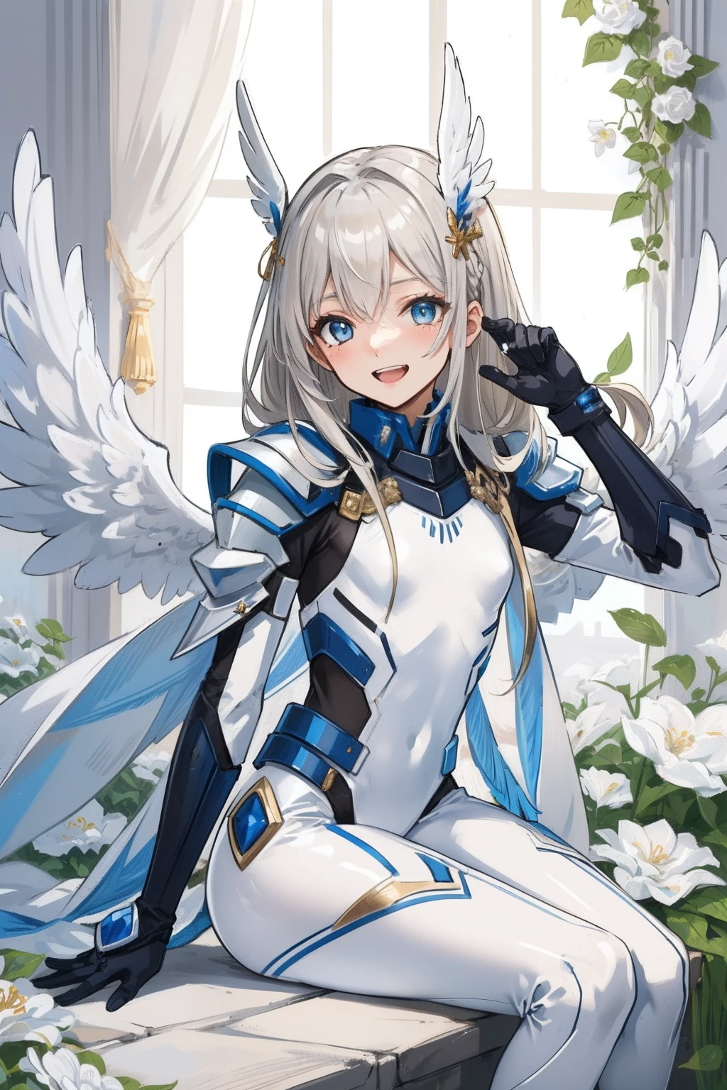 (master piece, Best Quality), Intricate details, valkyrie, (((laugh))), Hand up, Looking at Viewer, Feather Headgear, Flower meadow, (((flat breast))) sitting, 22yo,
1 girl in, Solo, Portrait, ash Blonde Hair, drooping eyes, Single Thigh, silver Independent Single Sleeve, gloves,
mecha musume, white bodysuit, silver Reinforced Suit, Mini Feather Wings, pantyhose, white full armor, flower decoration,