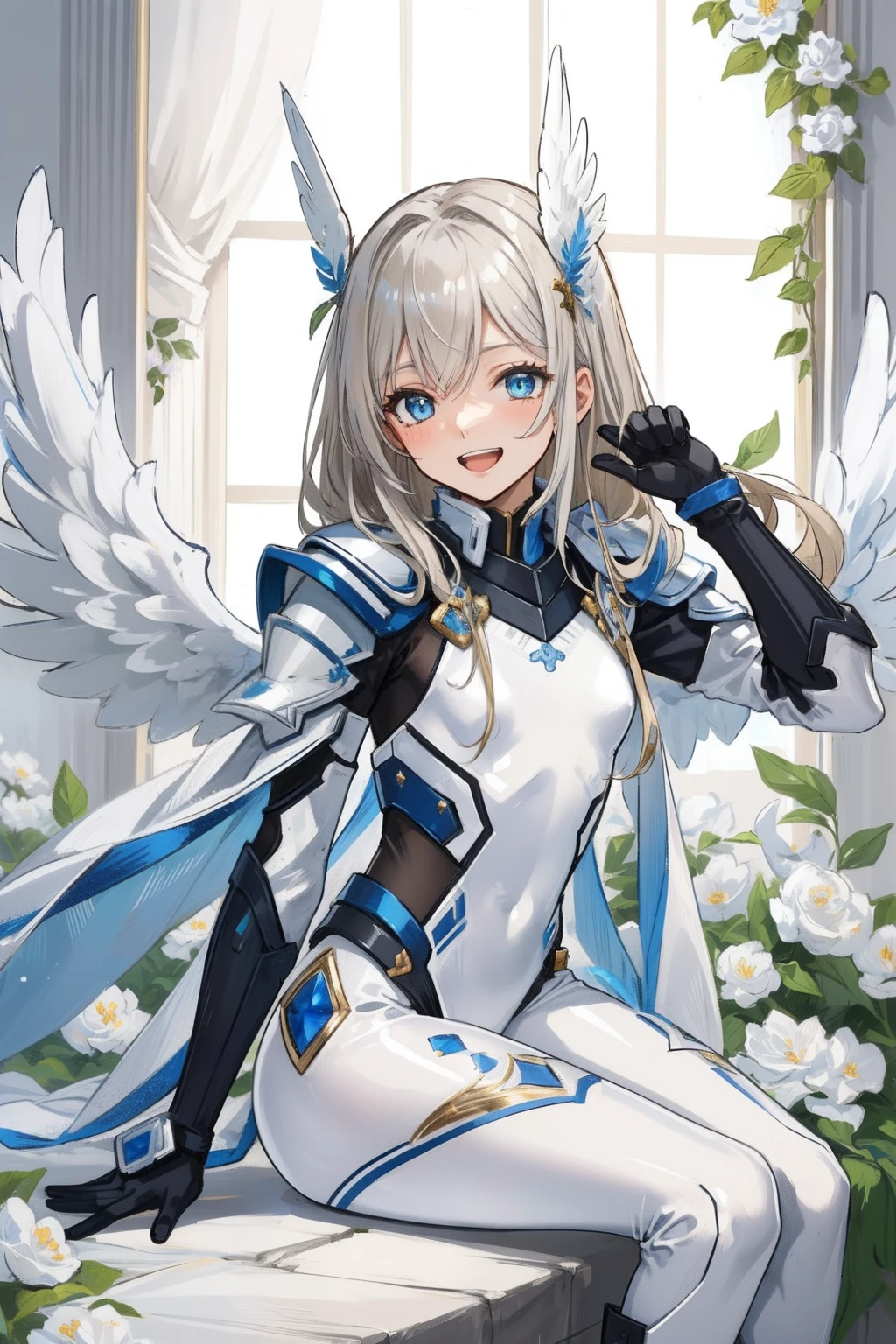 (master piece, Best Quality), Intricate details, valkyrie, (((laugh))), Hand up, Looking at Viewer, Feather Headgear, Flower meadow, (((flat breast))) sitting, 22yo,
1 girl in, Solo, Portrait, ash Blonde Hair, drooping eyes, Single Thigh, silver Independent Single Sleeve, gloves,
mecha musume, white bodysuit, silver Reinforced Suit, Mini Feather Wings, pantyhose, white full armor, flower decoration,