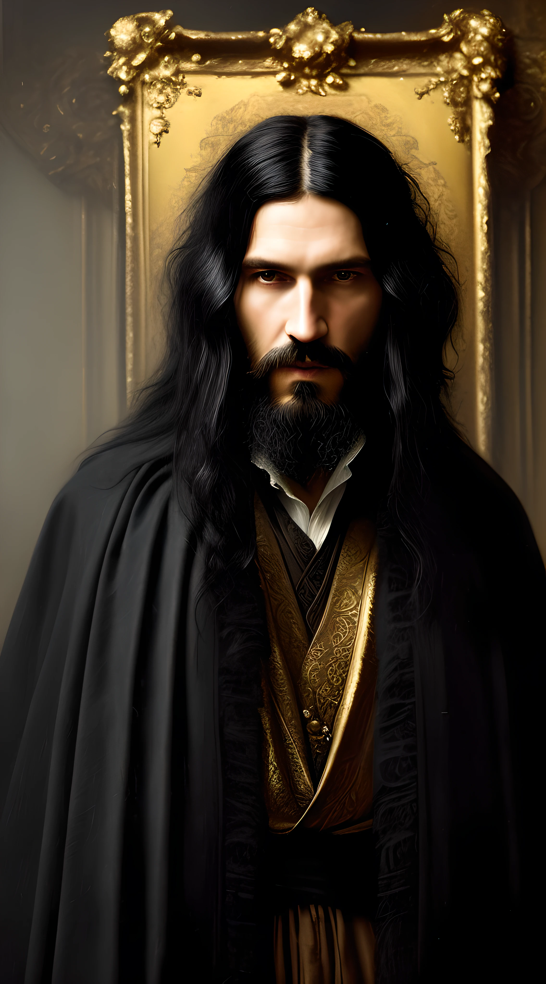 (masterpiece, high resolution, oil painting, realistic:1.3) by Greg Rutkowski, Grigori Rasputin, (wild, long black hair:1.2), captivating gaze, dressed in ragged royal Edwardian robes, (gritty, unwashed look:1.1). At ease in an opulent dining room, poisoned drink in hand, antique furniture, flickering candlelight, (eerie, dark, brooding atmosphere:1.4), authentic historical context.