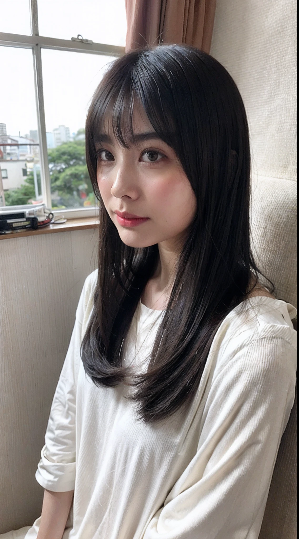 A woman looks intently at the people passing by outside the window