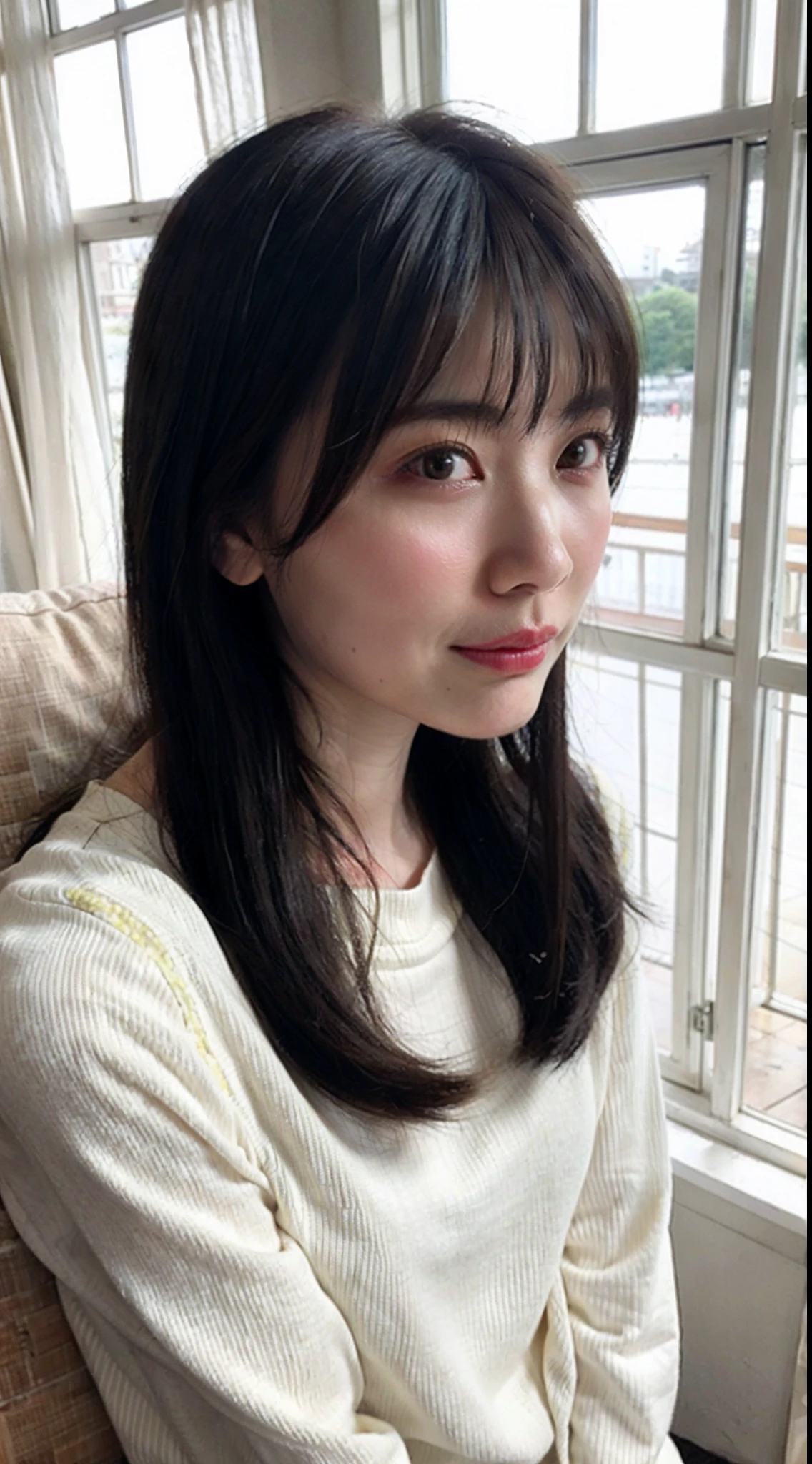 A woman looks intently at the people passing by outside the window