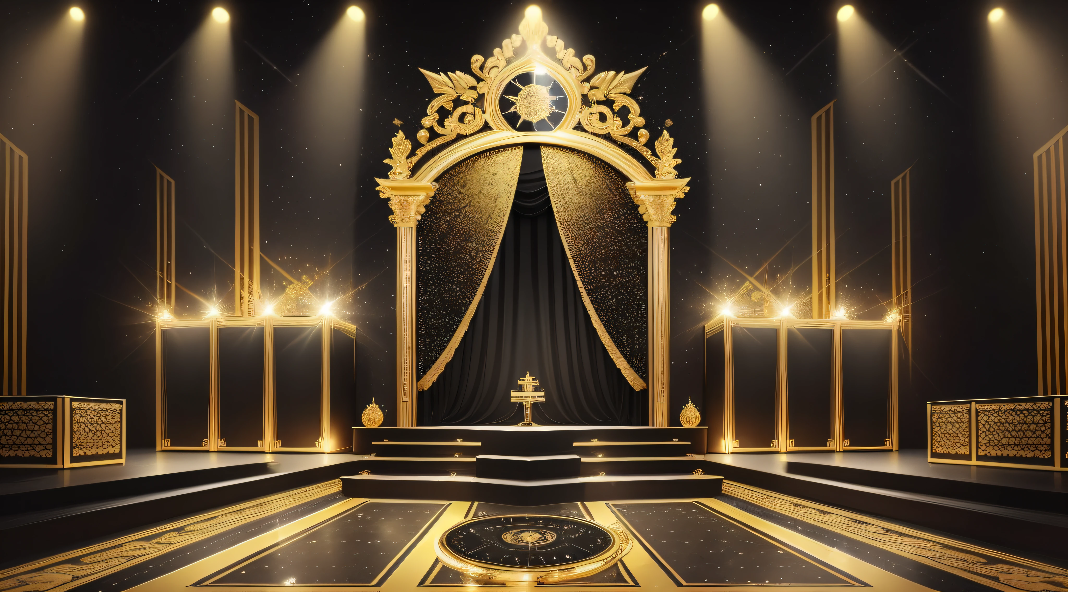 (photorealistic: 1.4) (ultra-detailed) (Royal Palace) popstar, movie scene (black and gold), sparkles, splendor, wealth, nobility, sensual, vinyl record, party, background, no people, empty stage, futuristic, rock elements, guitars and microphones