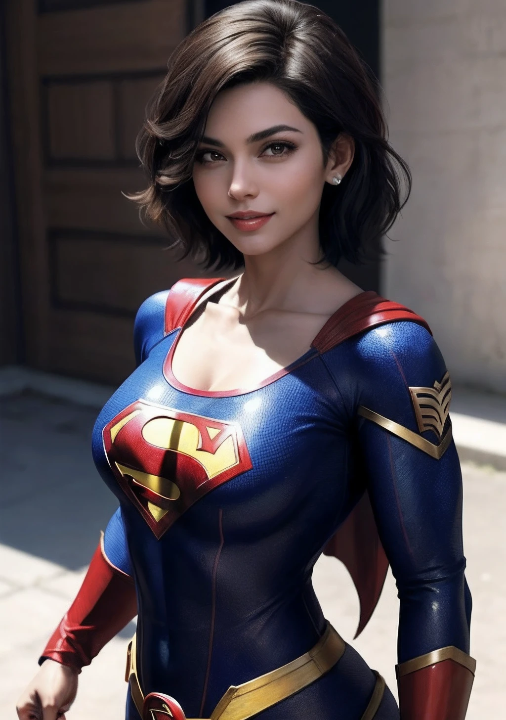 ((ultra high resolution, great quality)), (((8k, raw photo, best quality, masterpiece, hyper-realistic))), wallpaper, amazing, extremely detailed, highly detailed, sharp focus, real person, 1 girl, pretty face, Ana de Armas face, detailed face, twenty years, (voluptuous body, sexy body, thin body), sexy, sensual girl, hottie, lascivious, (short hair, black hair, two ponytails), (green eyes, pretty eyes, detailed eyes), (big breasts, marked, perfect body, sensual body, perfect, (DC Comics, Marvel, Superman, Superwoman, Supergirl, Superheroine, Heroine), (beautiful smile, sexy smile), perfect legs, navel piercing, beautiful face, standing, female hands, perfect hands, five digits, (flying in the sky, floating in the sky, in the sky), defiant look, half smile, haute couture, soft skin, cinematic lighting, highly detailed body, masterpiece, detailed lips, freckles on cheeks and nose, 1navel, pink cheeks, naughty smile, full body view, wild and sexy hair, full body view, Playboy photographic style, masterpiece, best quality, (masterpiece), (best quality: 1.4), (ultra tall: 1.2), (hyper-realistic: 1.4), (photorealistic: 1.2), Highly detailed CG unit 8k wallpaper, shooting style, complex, high detail, dramatic, highest quality film still image, highly detailed, masterpiece, best quality, realistic ultra detailed rendering style, natural light, sharp character design, (hard focus, 8k), ((natural skin texture))), 8k textures, soft cinematic lighting, adobe light room, HDR, sophisticated, rich details, sharp focus, (((film look))), soft tones, detail frenzy, intricate details, super details, low contrast, soft film lighting, muted colors