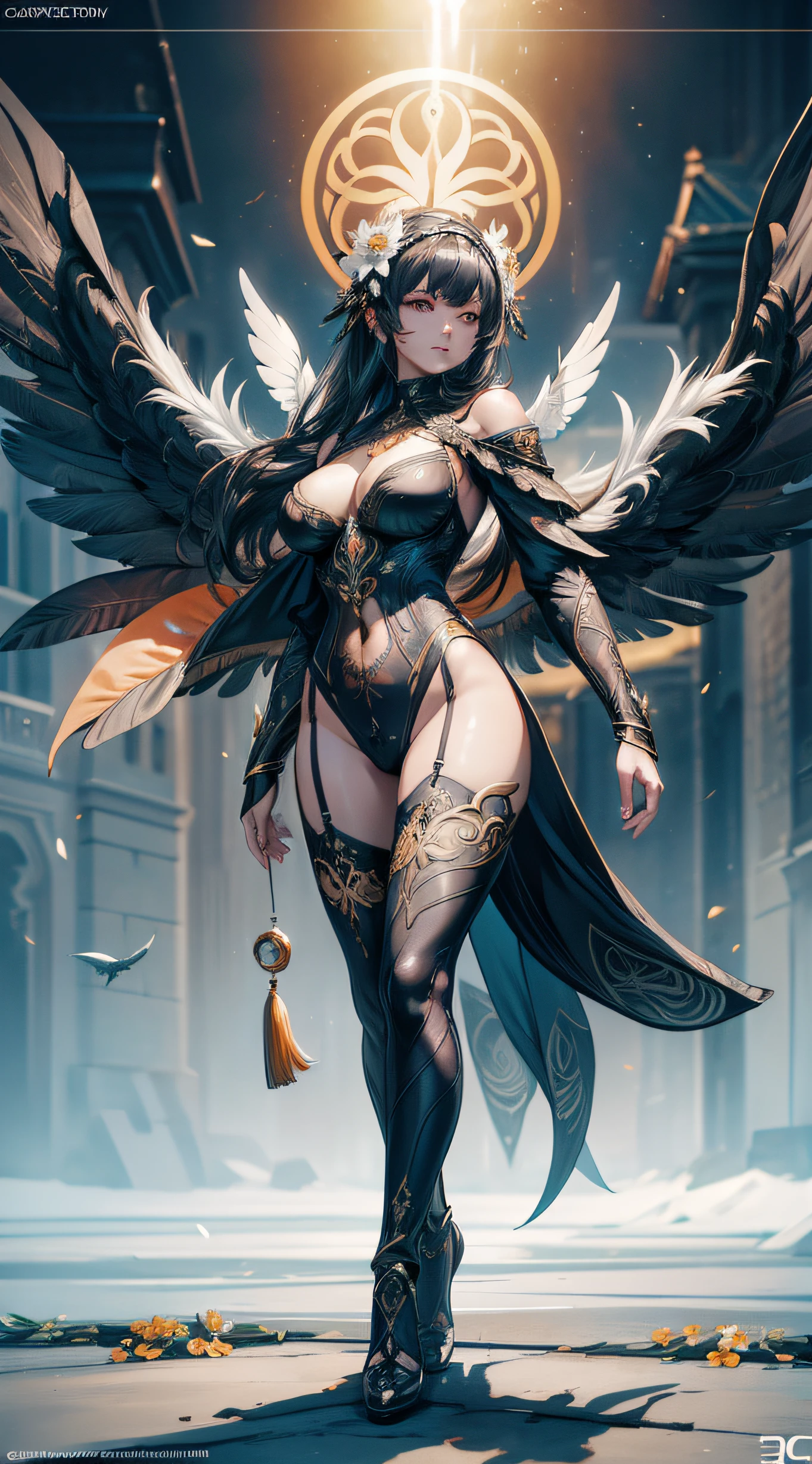 a Caucasian woman in a black lace bodysuit with white feather wings and an orange flower, 3 d render character art 16 k, hyperdetailed fantasy character, full body cgsociety, unreal engine render + a goddess, cinematic goddess body shot, cgsociety contest winner!!, art nouveau octane render, cgsociety contest winner!!!, intricate outfit, cgsociety 16k, cgsociety 16k, intricate background, realistic