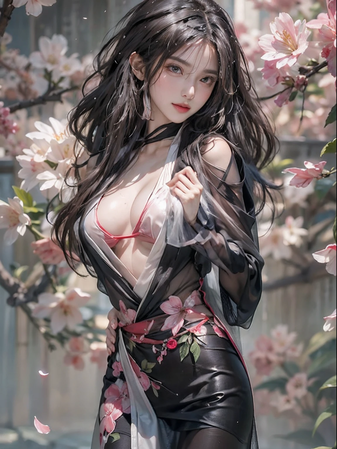 Photorealistic, High resolution, Soft light,1womanl, Solo, hips up high, glistning skin, (Detailed face),The tattoo, Jewelry, Dark Latex Halter Neck, cherry blossom, Night, White wavy hair, Beautiful Soldier, An eye that invites the viewer, Lover's perspective, inviting expression, Sexy smile, Perfect Style, Perfect balance, Detailed skin, Naughty gaze, Chest visible、see -through、Sheer feeling、Wet skin、Wet hair、Spread hair、Spread Stall、Wet clothes、sodden、See-through Halter neck、See-through gowns、Navel Ejection、the back is open、See-through halter neck dress、See-through kimono、Dynamic Posing、Fingertips are lips、
