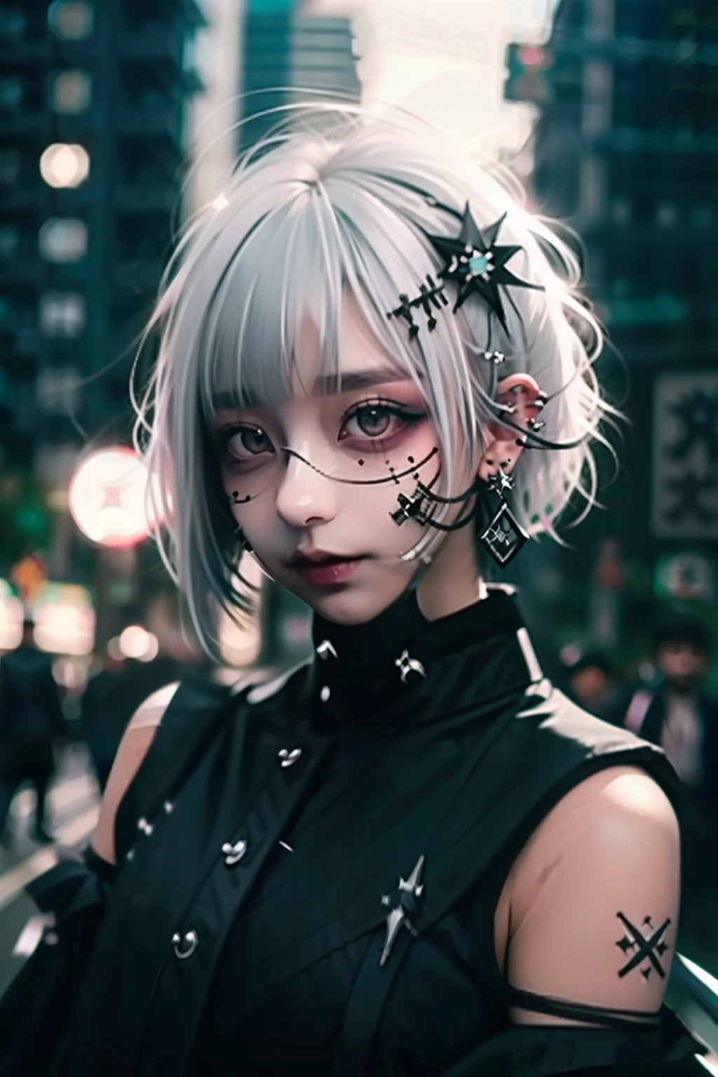 goth_punk, 1girl, solo, medium shot, walking in harajuku, ((night time)), bokeh, neon light, iridescent eyes, starry sky, white shimmer hair, white eyebrow, glowing hair, (iridescent white hair), earrings, bangs, jewelry, mask, blunt bangs, green eyes, mouth mask, blurry background, blurry, hair ornament, looking at viewer, short hair, portrait, sidelocks