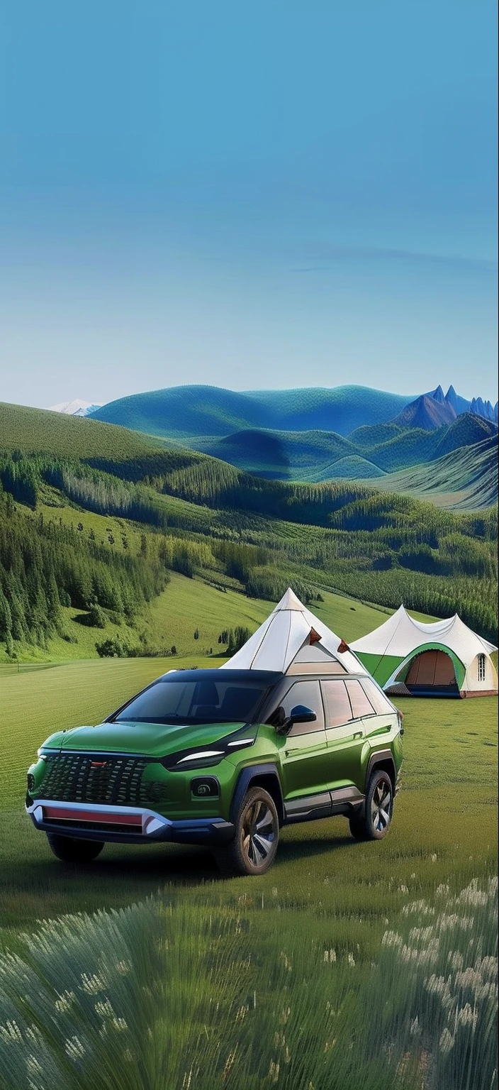 A green car is parked in the field,Tent high mountain in the background,Chery Exploration 06, scenic full shot, enjoyable, 4 ), 6k, very high resolution, Wallpaper background, 2022, 2 0 2 2, 9K, 9 k, perspective shot, intense fantasy, a wide full shot, Wallpaper phone,hand painted style