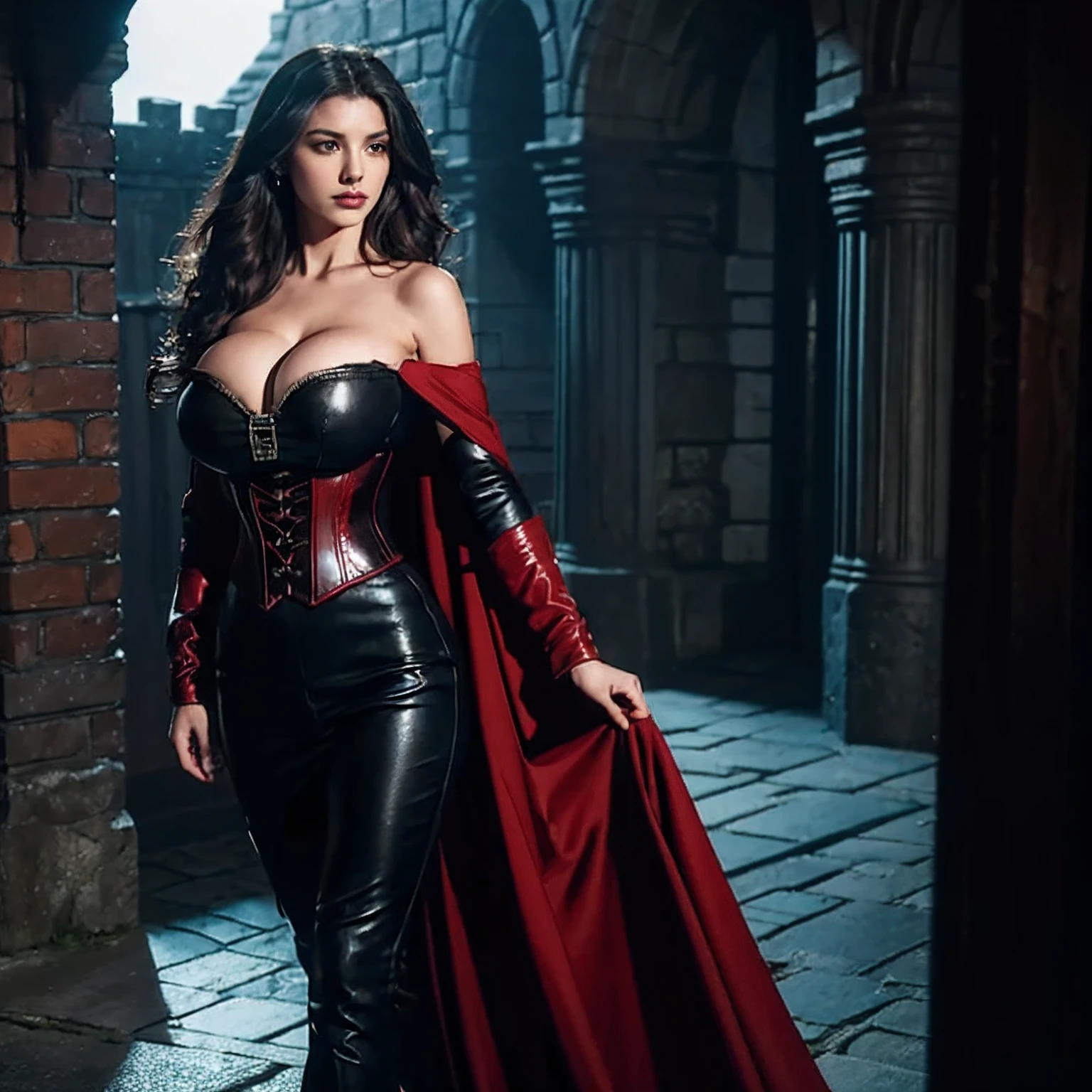 (masterpiece, top quality, best quality, official art, beautiful and aesthetic:1.2), (1girl:1.3), long and curly dark brown hair, extremely detailed, portrait, looking at viewer, solo, (full body:0.6), detailed background, close up, mischievous eyes, (warm summer castle theme:1.1), sorceress, charlatan, smirk, mysterious, walking in courtyard, revealing dark red sorcerer attire, red skirts, off shoulder, long sleeves, loose sleeves, black leather, cloak, corset, black leggings, black trousers, black pants, long brown boots, buckles, straps, pouches, magic energy, red fabric, white trim, black leather, ((((gigantic breasts, cleavage, skindentation)))), slim waist, slim hips, long legs, medieval (castle exterior:1.1) background, dark mysterious lighting, shadows, magical atmosphere, dutch angle