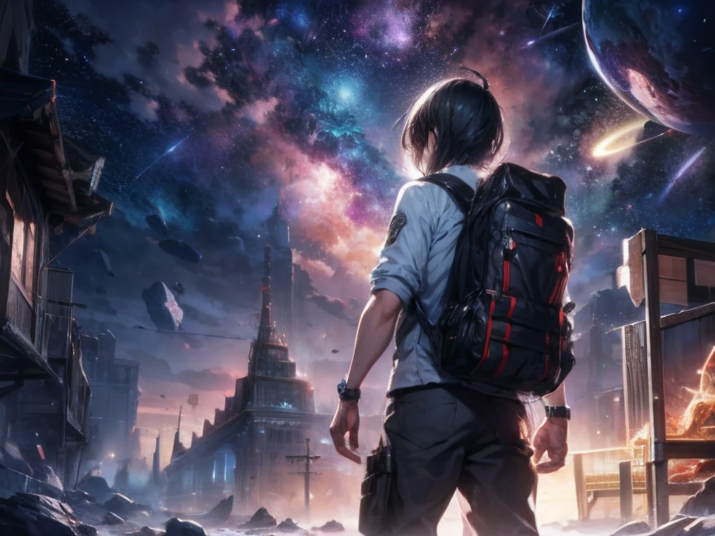 Draw a young man,standing on a research platform floating in the middle of an asteroid belt,with his back to the viewer,from back,Surrounded by several asteroids emitting fiery halos, BREAK illuminates the scene with dramatic lights from distant stars and planets,Cast a deep shadow on the suit,Look at the vast and mysterious universe with amazement and respect,BREAK,A detailed,realisticlying,Highly detailed digital art in 4K,rendering by octane,Bio-luminescence,BREAK 8K resolution concept art,hentail realism,by Mappa Studios,tmasterpiece,best qualtiy,offcial art,illustratio,Lenneclaire,(cool_color),Perfectcomposition,absurderes,fanciful,focus-on,trichotomy