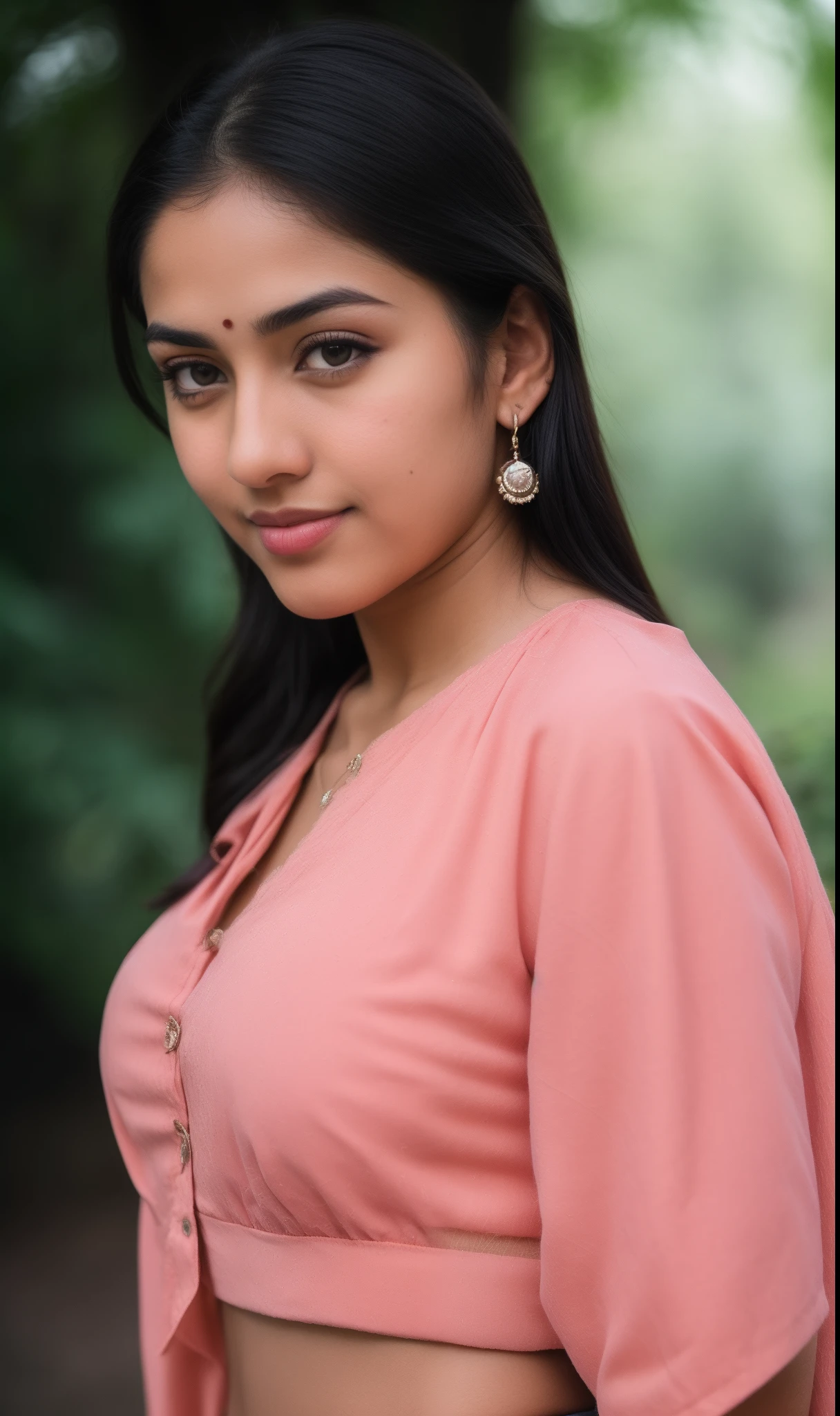 ((RAW, analog style)), face, extremely detailed full body color photo of a 25 y.o girl, beautiful face, beautiful eyes, ((small nose)), big natural lips, ((fabric crop top)), small breasts, slim body, outdoor, trees, ((film grain, skin details, high detailed skin texture, 8k hdr, dslr)), indian female model Amrita Rao