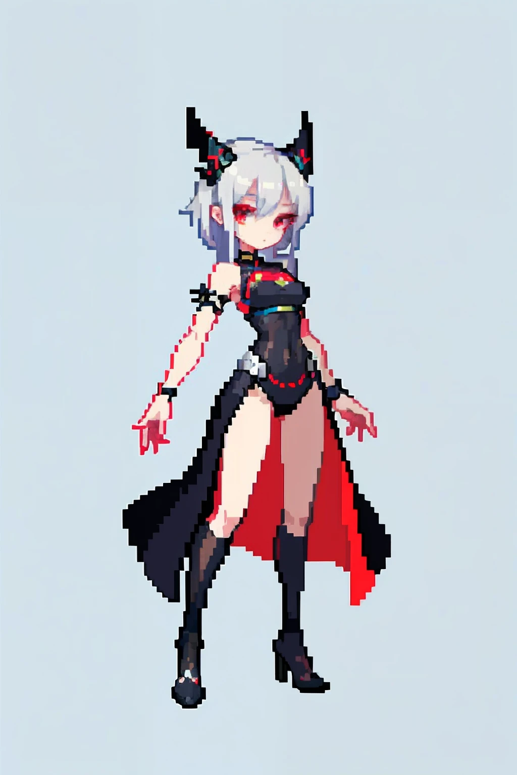 (masterpiece、top-quality、top-quality)、pixels、Pixel art、1 girl with silver hair and red eyes、Black Sexy Costume、full bodyesbian