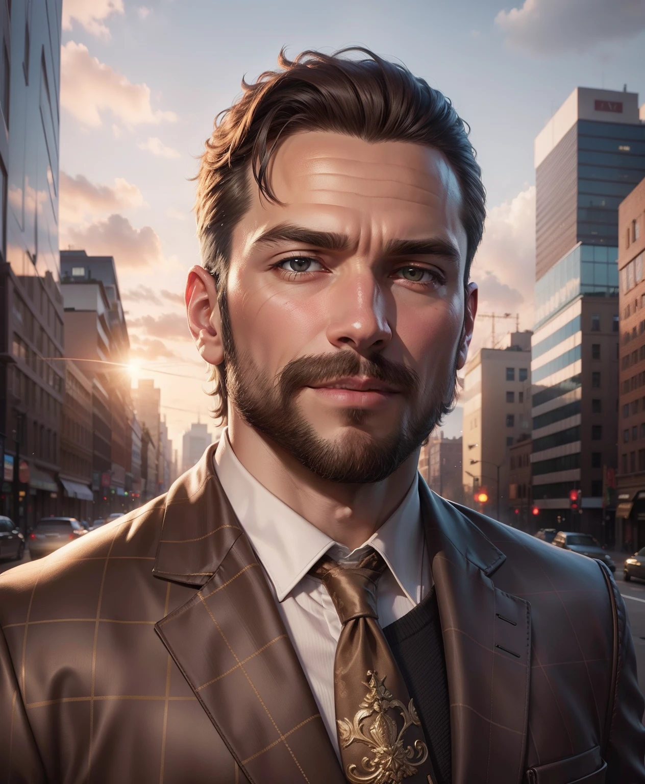 City background with realistic handsome face 8k ultra