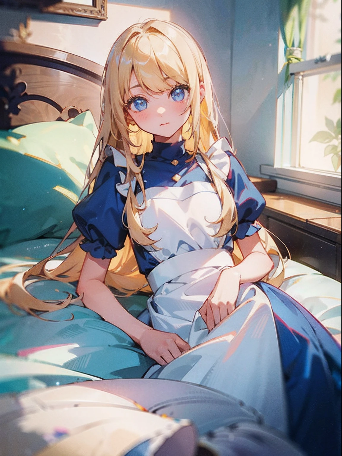 (masterpiece),best quality,three-quarter view,lying,pillow,on bed,1girl,solo,blonde hair,long hair,dress,butterfly hair ornament,bandages,bowtie,striped bow,hair between eyes,puffy sleeves,apron,striped,short sleeves,pantyhose,bandaged arm,alice \(alice in wonderland\),