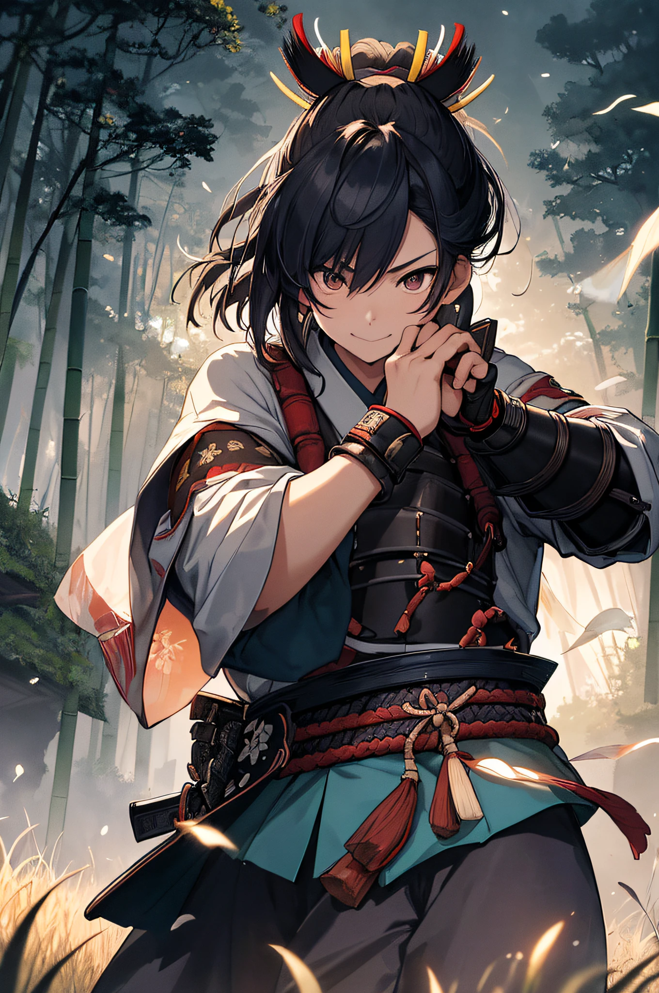 The highest image quality, masterpiece, 超A high resolution, poster for, 8K, Fantasyart, 动态照明, art stations, poster for, volume illumination,Beautiful Japan countryside、Lightly armed female samurai stands。 Samurai wear simple kimonos and rustic armor、In his hand he holds a Japan sword。 Blue in the countryside々A bamboo forest spreads out、A gentle wind is blowing。 Samurai hides in the grass、Pay attention to enemies creeping around。 A smile appeared on the samurai's face、Tension and anticipation are mixed before the battle。 The blade of the Japan sword glows lightly、Depict the moment when the light movements of the samurai's body dance beautifully in battle。 Use this prompt to、Lightly armed female samurai unites with nature、Draw a moment of battle。