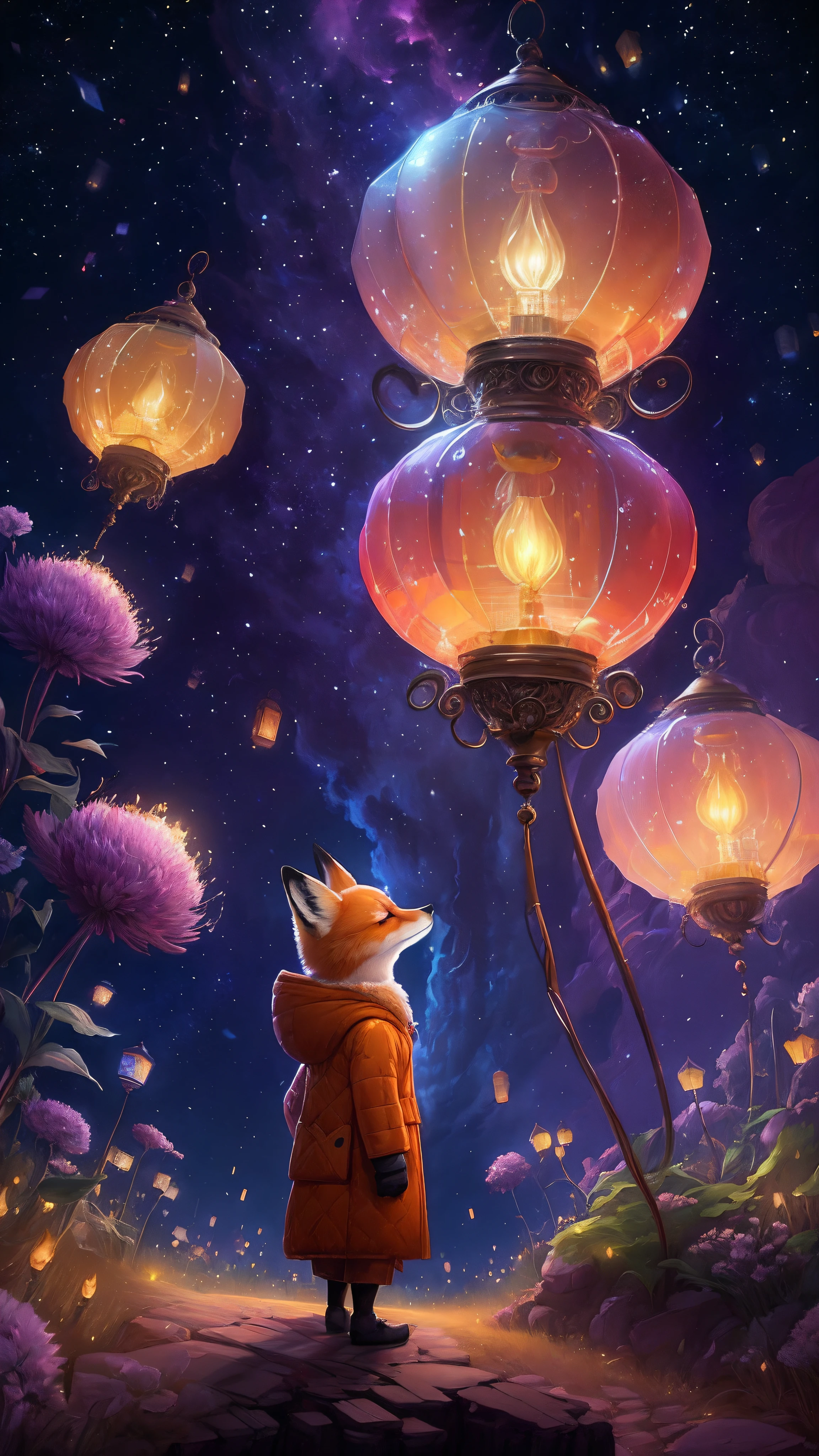 a painting of a fox in a coat looking at lanterns, glowing lanterns, beeple and jeremiah ketner, beautiful art uhd 4 k, amazing wallpaper, lanterns, glowing lights! digital painting, cyril rolando and goro fujita, beautiful digital artwork, inspired by Cyril Rolando, 4k highly detailed digital art, cute detailed digital art, lantern light