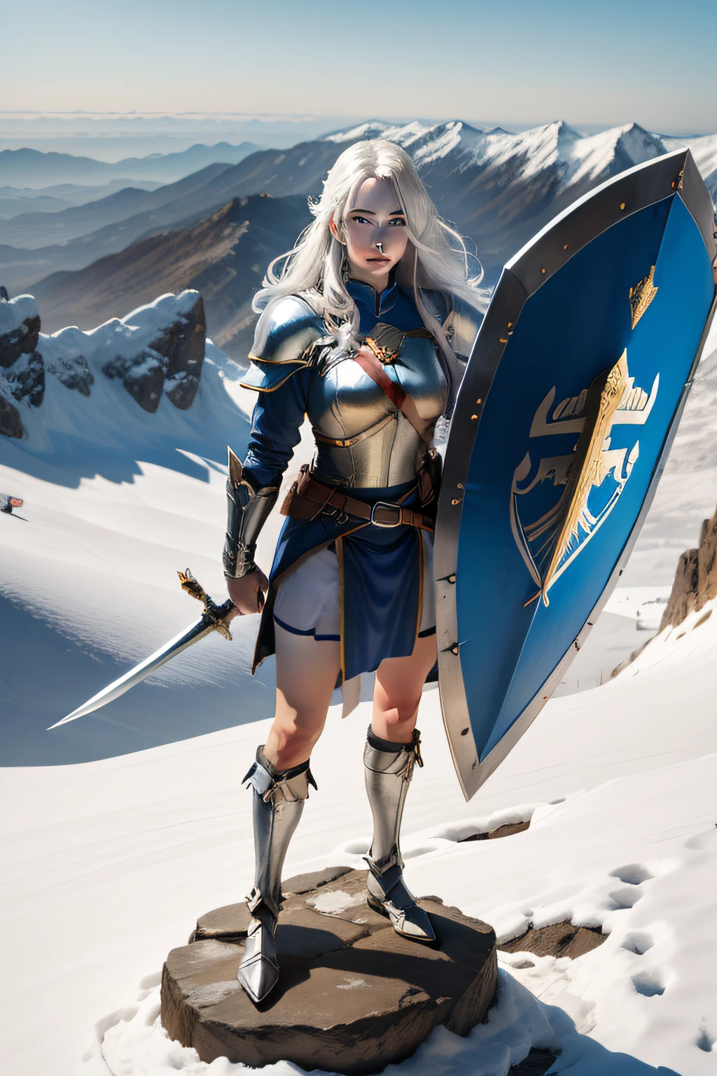 standing on top of a mountain，Hold a giant sword in your left hand，Hold a shield in your right hand，warrioress，Behind him is the Israeli flag，Snow-white skin，Wearing heavy armor，Department of Healing，Pure，White hair，chineseidol