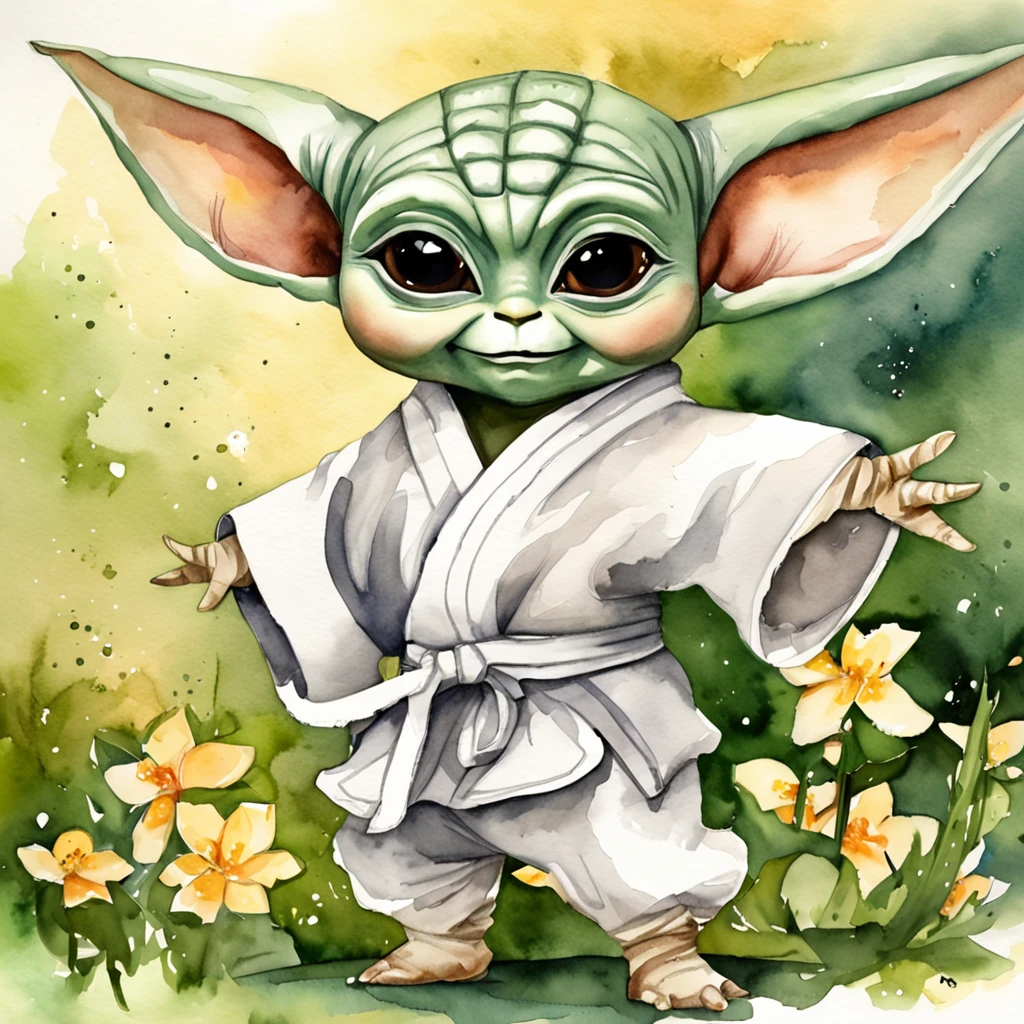 "( Yoda adorable:1.2) practica taekwondo, patada saltando en el aire , pose taekwondo, flotando vestido con su dobok. design for tshirt