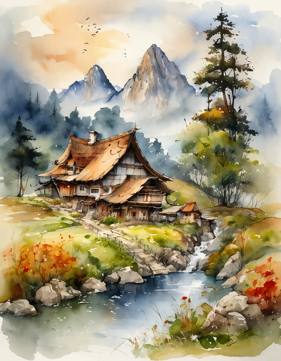 Bizarre steep peaks，There is a creek at the bottom of the mountain，There are reflections in the stream,Village cottage,And cooking smoke rises，The pine tree has a peculiar shape，Sway with the wind
Matte look,Surreal Photo,dream magical,pixel-perfect,hyper HD,in a panoramic view,8K分辨率,ultra-wide-angle,Faraway view,chinese paintings,Realistis,Action Painting
