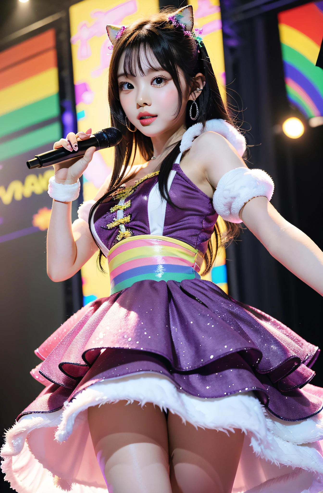 Solo idol performance featuring Eri Kamei from Morning Musume. Content: Eri Kamei dressed in rainbow-themed idol costume, Capturing the essence of cuteness. Medium: Photography. Style: Ultra-realistic due to the influence of J-POP culture. Lighting: Stage lighting combined with warm and cold tones to emphasize the rainbow theme. Colors: Vibrant shades of the rainbow, Focus especially on pastel shades. Composition: captured with a Canon EOS 5D Mark IV DSLR camera, EF 50mm f/1.8 STM lens, Resolution 30.4 megapixels, ISO sensit: 32,000, Shutter speed 8000 second. The focus should be on her expressive face and the intricate details of her costume. --ar 16:9 - V5.1 --Style raw --Q 2 --S 750