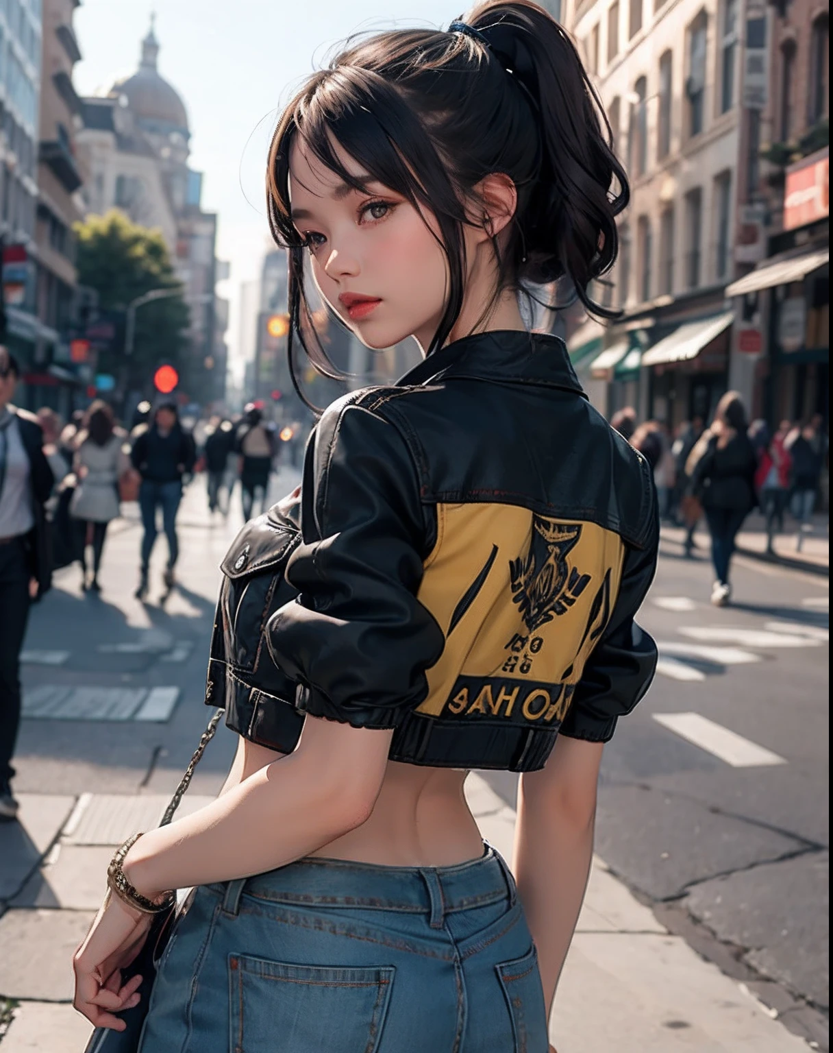 Detailed beautiful girl, wearing a crop jacket, backpose