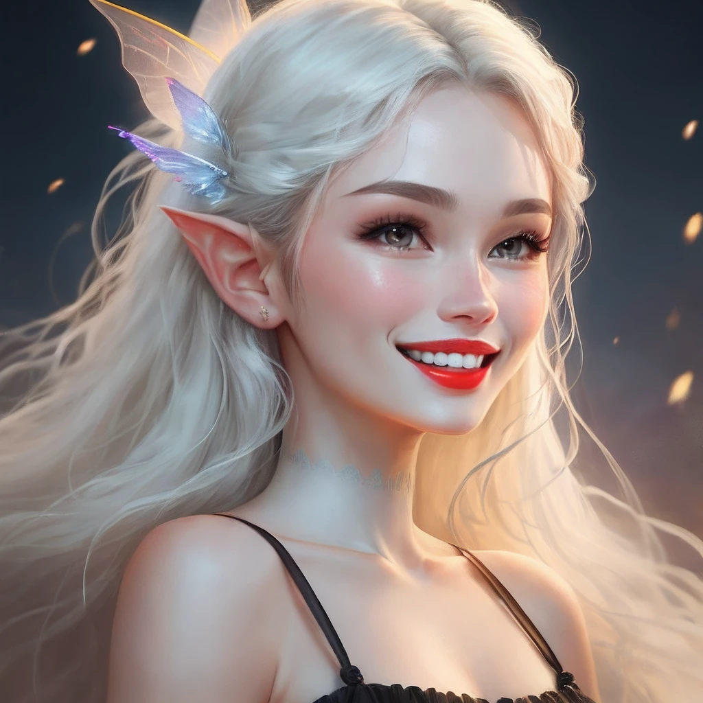 She has a small and delicate appearance, long flowing hair, white skin, beautiful facial features, red lips and white teeth, and looks good like a fairy.