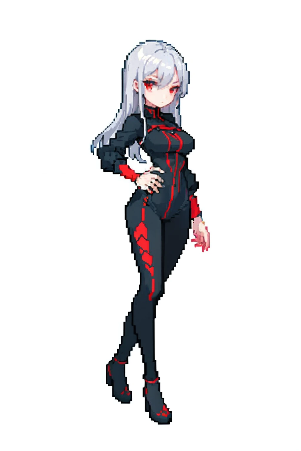 (​masterpiece、top-quality、top-quality)、pixels、Pixel art、One girl with silver hair and red eyes、Black sexy outfit、full bodyesbian