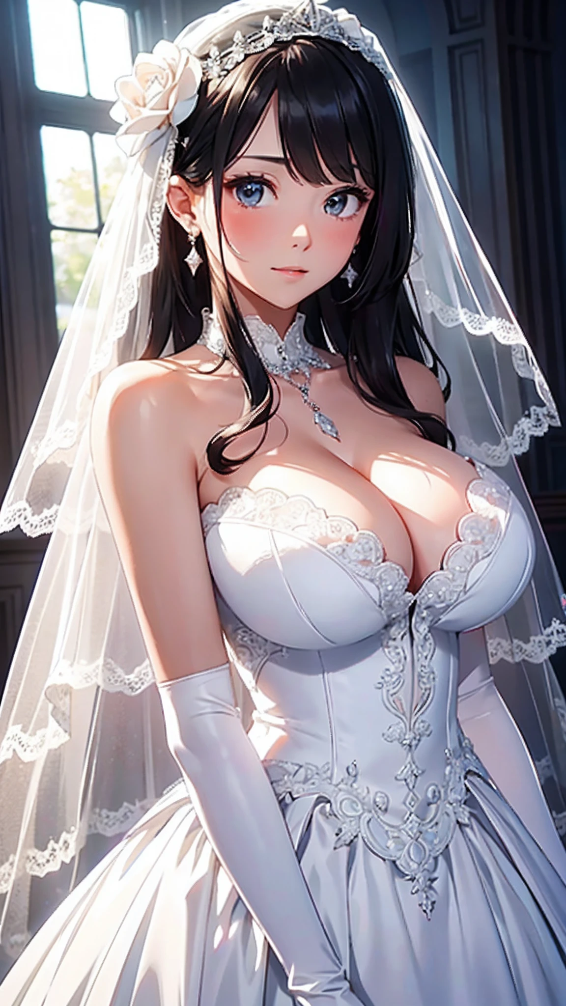 ((best qualtiy)), ((tmasterpiece)) Wedding princess dress, ray of lights, lens flare glow, White petals, Exotic,Close-up of a beautiful bride in a bridal dress,Guvitz,Head flower,headdress,Blush,(Bandeau wedding dress:1.5),(Silk dress:1.2),(Strapless wedding dress:1.5),Plain white dress,necklace,earring,乳溝,(huge tit:1.3),Deep V peach heart collar wedding dress,Liuhai,Bouquet,(Lace gloves:1.2),(Bridal veil:1.2),(Short transparent veil:1.2),Bust photo,High detail RAW color art,Tyndall phenomenon,