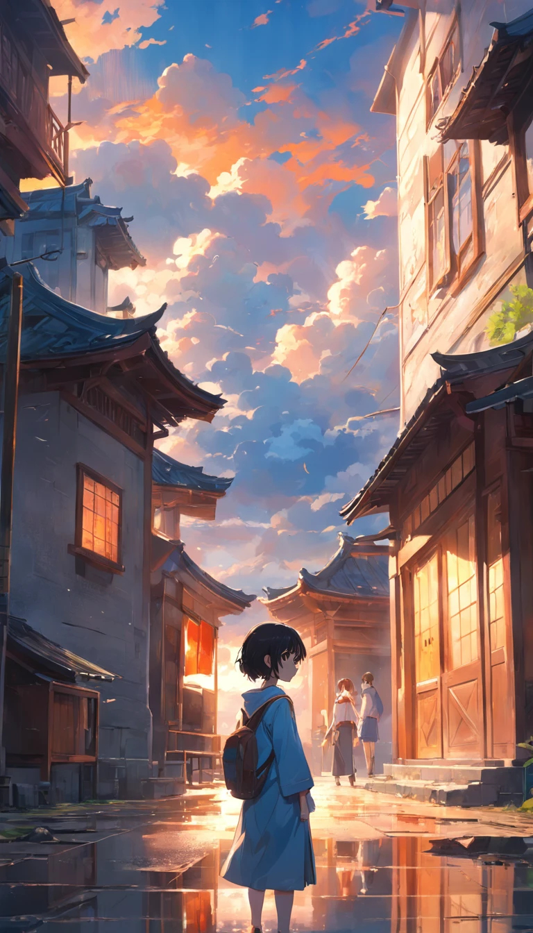 tmasterpiece，high qulity，Ultra-detailed details，8K live view，There are no characters，A boy with，Stand outdoors，with blue sky and white clouds，The warm sunset illuminates the building，Sets off the bright reflections of doors and windows，It shows the tranquility and beauty of the entire scene。