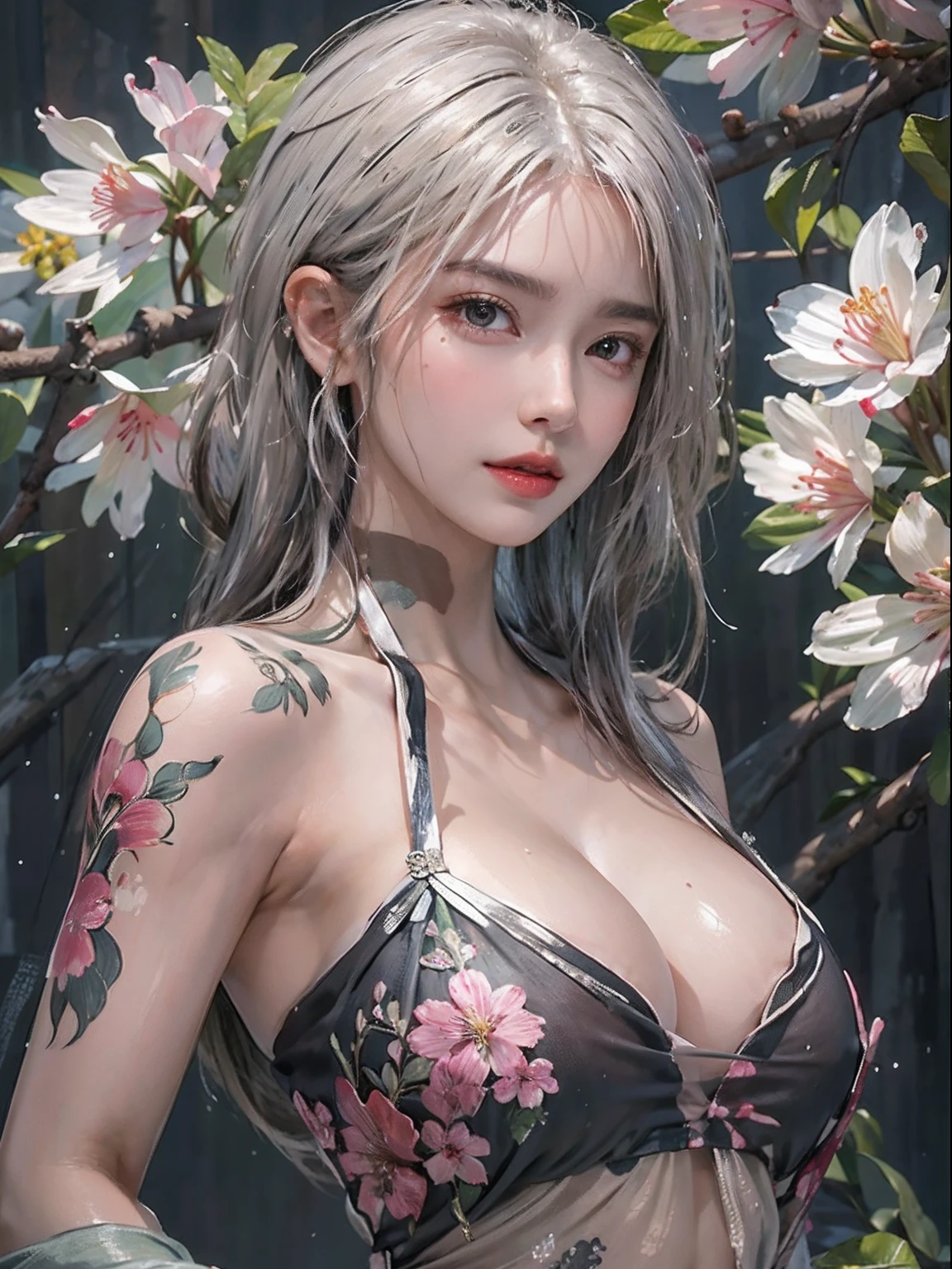 Photorealistic, High resolution, Soft light,1womanl, Solo, hips up high, glistning skin, (Detailed face),The tattoo, Jewelry, Dark Latex Halter Neck, cherry blossom, Night, White wavy hair, Beautiful Soldier, An eye that invites the viewer, Lover's perspective, inviting expression, Sexy smile, Perfect Style, Perfect balance, Detailed skin, Naughty gaze, Chest visible、see -through、Sheer feeling、Wet skin、Wet hair、Spread hair、Spread Stall、Wet clothes、sodden、See-through Halter neck、See-through gowns、Navel Ejection、the back is open、See-through halter neck dress、See-through kimono、Dynamic Posing、Fingertips are lips、