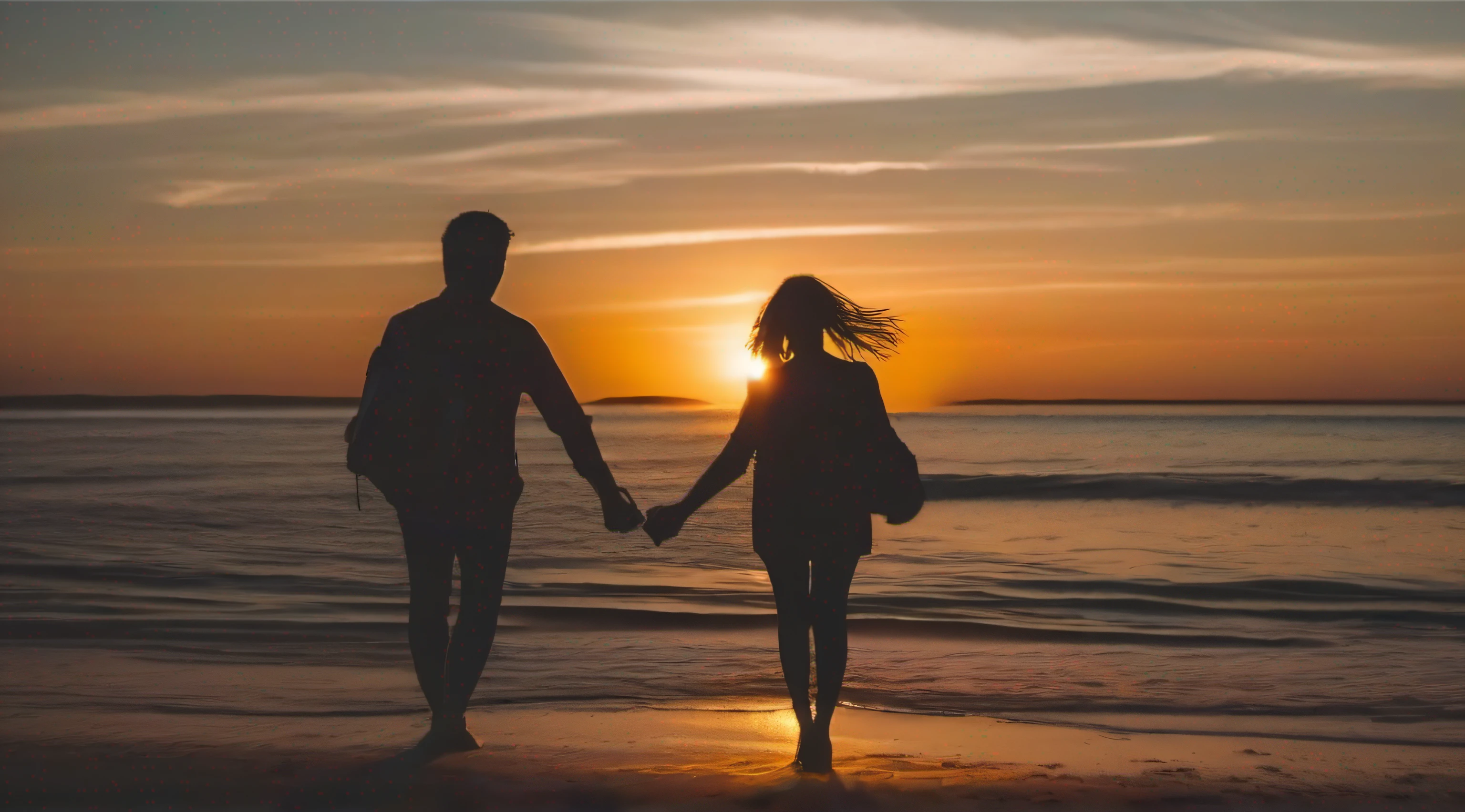 ((Couple watching sunset on a quiet sandy beach on a shallow seaside beach、Couple snuggling up and holding each other's hands and watching the sunset、Sunset seen from between the shadows of two people、Big sun setting on the horizon、The sunset turns the entire sky bright red、The area is Xu々It is getting dark in、Photographing the sunset from behind two people side by side)):1.8、8K、Raw photo、Highly detailed background,Realistic,ultra-detailliert,super detailed skin,light glow,Film grain,Expro II,Lens Flare,Sharpen,cinematic shadow、Photorealsitic
