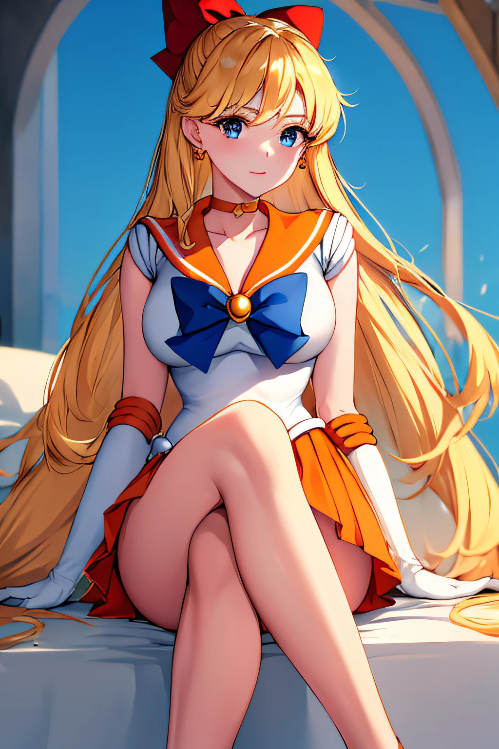 masterpiece, best quality, highres, venus1, 1girl, solo, sailor senshi uniform, sailor venus, aino minako, blonde hair, magical girl, blue eyes, orange skirt, elbow gloves, tiara, pleated skirt, hair bow, orange sailor collar, miniskirt, choker, red bow, orange choker, white gloves, very long hair,  jewelry,  earrings, sitting, crossed legs,