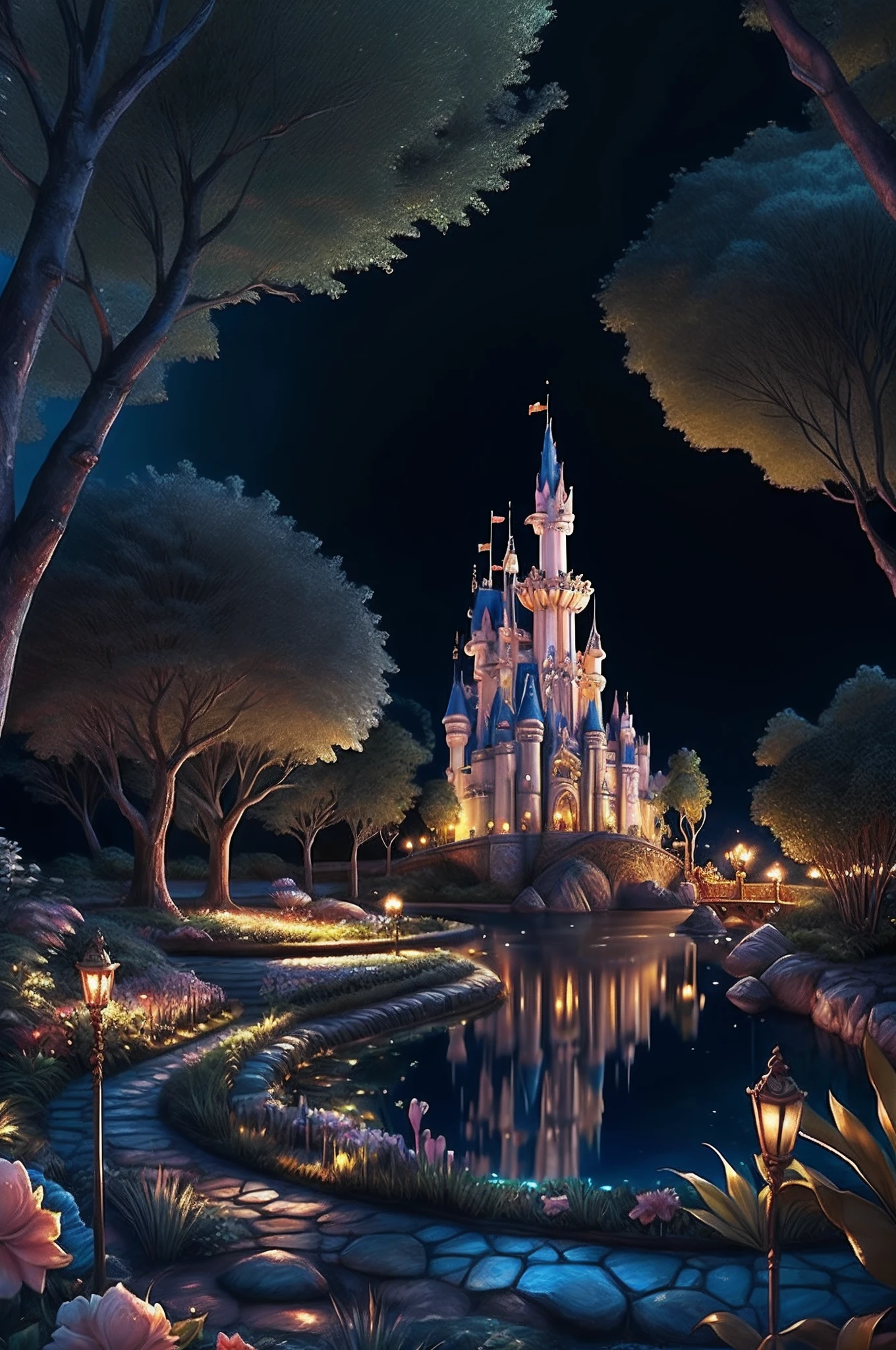Princesa da Disney, castelo na lua, Magic Garden, hiper realista, super realista, alta qualidade;