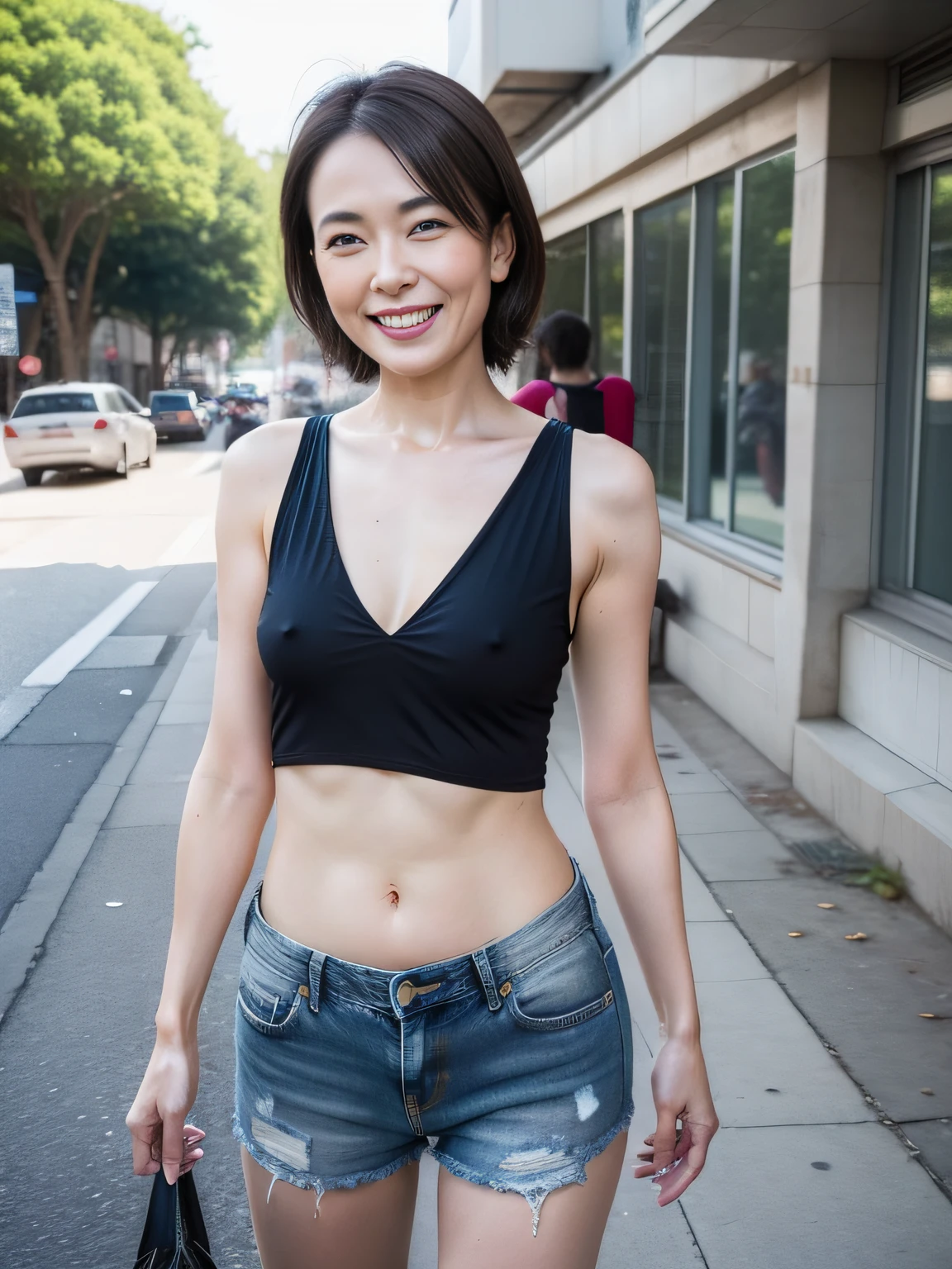 Hot sexy ultra-thin bare chest sheer T-shirt_Extra high leg cut denim shorts:1.3),A little ugly face,Beautie,Seductive smile、naughty expression、Heavy breathing,Full body shot, masutepiece, Best Quality, (Photorealistic:1.4), a photography of a beautiful woman, 3 point perspective, Smiling, Perfect face, Detailed face.(standing nipple:0.8),(Outdoor photography_On the streets of the city:1.2)、Daytime,(lora:covered_nipples_v20:0.6)