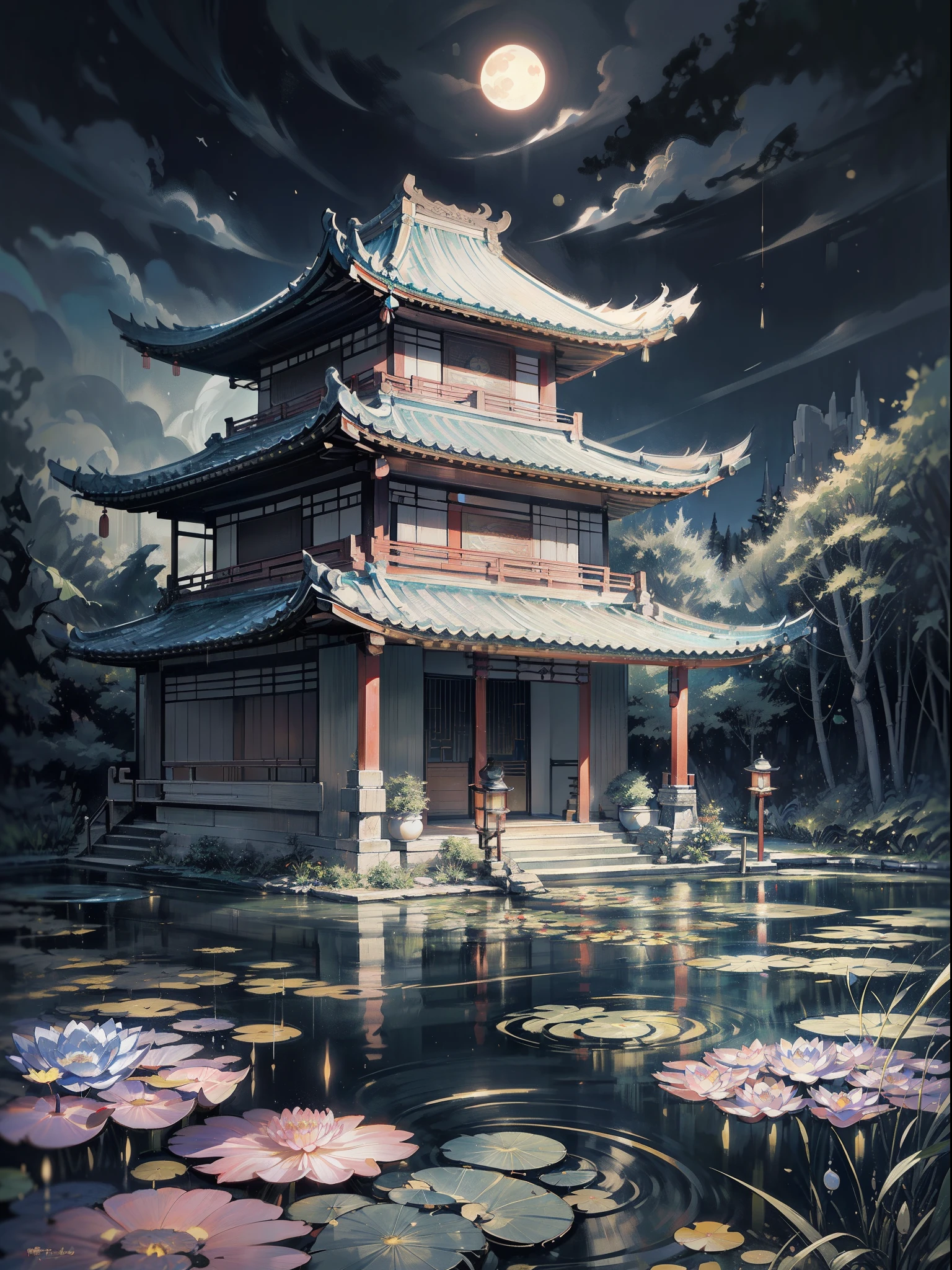 masterpiece,best quality,Chinese martial arts style,an asian night scene with lanterns and water lilies,asian pond with many lanterns and boatsa night scene with many lights and boats in the water, Lake surface, lotus flowers,beautiful night scene,(((Chinese martial arts style))), with vast sky, continuous mountains and steep cliffs, ink wash style, outline light, atmospheric atmosphere, depth of field, mist rising, bamboo, pine trees, octagonal stone pavilion, waterfall flowing water,big full moon,(No color) , Monochrome, light color,