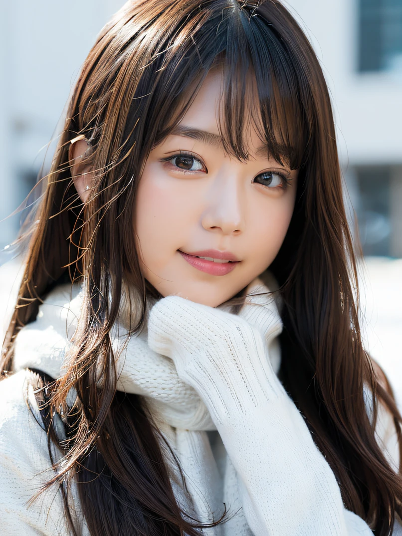 ((1 girl in))、Photorealsitic、Enhanced dynamic perspective,a beauty girl,Winters,snowscape,snowflakes flying、(Lots of snowflakes:1.4),snow cover,Black and red down jacket coat,Thick wool scarf,Look at me and smile,simple backgound,Works of masters,high quarity,4K resolution,super-fine,Detailed pubic hair,acurate,Cinematic lighting、Fold your hands in front of your chest、Highly detailed facial and skin texture、Focus on the face、A detailed eye、Detailed hand depiction