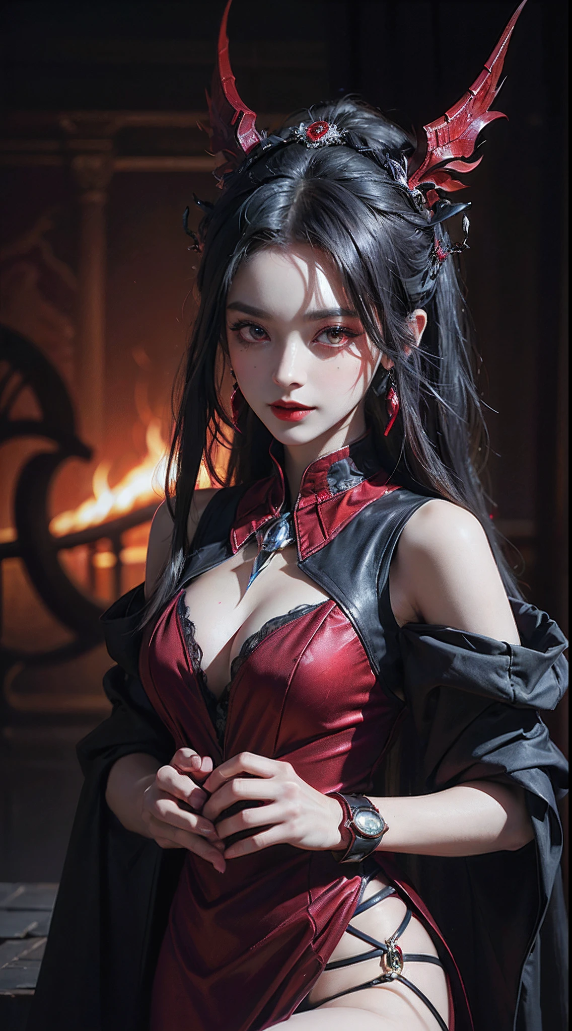 1 beautiful devil woman from hell, In the dark: 1.6), surreal female portrait by David Hockney and Alphonse Mucha, Fantasy art, korean-doll, Photorealism, Dynamic lighting, art stations, poster for, voluminetric lighting, Very detailed faces, 8K Ultra, Awarded, In the dark, deepshadow, low tune, cowboy lens, (Red phoenix dress: 1.4), Long hair, Black hair, Bust, luxurious palace, Royal style, devil crown, red eyes make up very sharp and detailed, The most beautiful face, Large, regular breasts, Super realistic, chinese women's clothing, polo neck sweater, Charming smile, The eyes are very well made up, Guviz, devil style, drak, wearing black mesh socks, 2 bangs braided hair, Red black lips, Devil tattoo on shoulder, Wearing a thin red and black robe, the landscape is overcast and thunderous, (Portrait), Close-up of main character, (Background details 1.8),