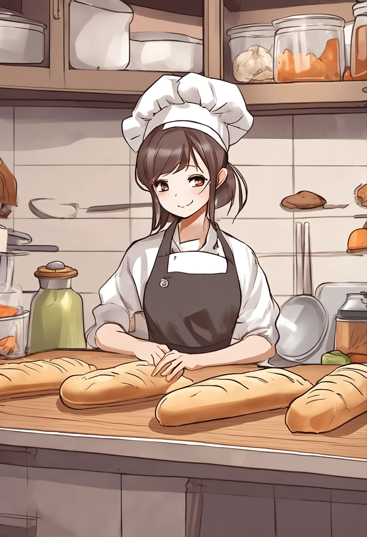 Anime girl wearing chef hat preparing bread in kitchen preparing ingredients on cutting board, Cooking, the wallpaper!, anime food, offcial art, In the kitchen, cooking show, inspired by Tsuruko Yamazaki, Loli, Anime style illustration, In a kitchen, Detailed fanart, official fanart, slice of life anime, fubuki, illustration!, anime visual of a cute girl