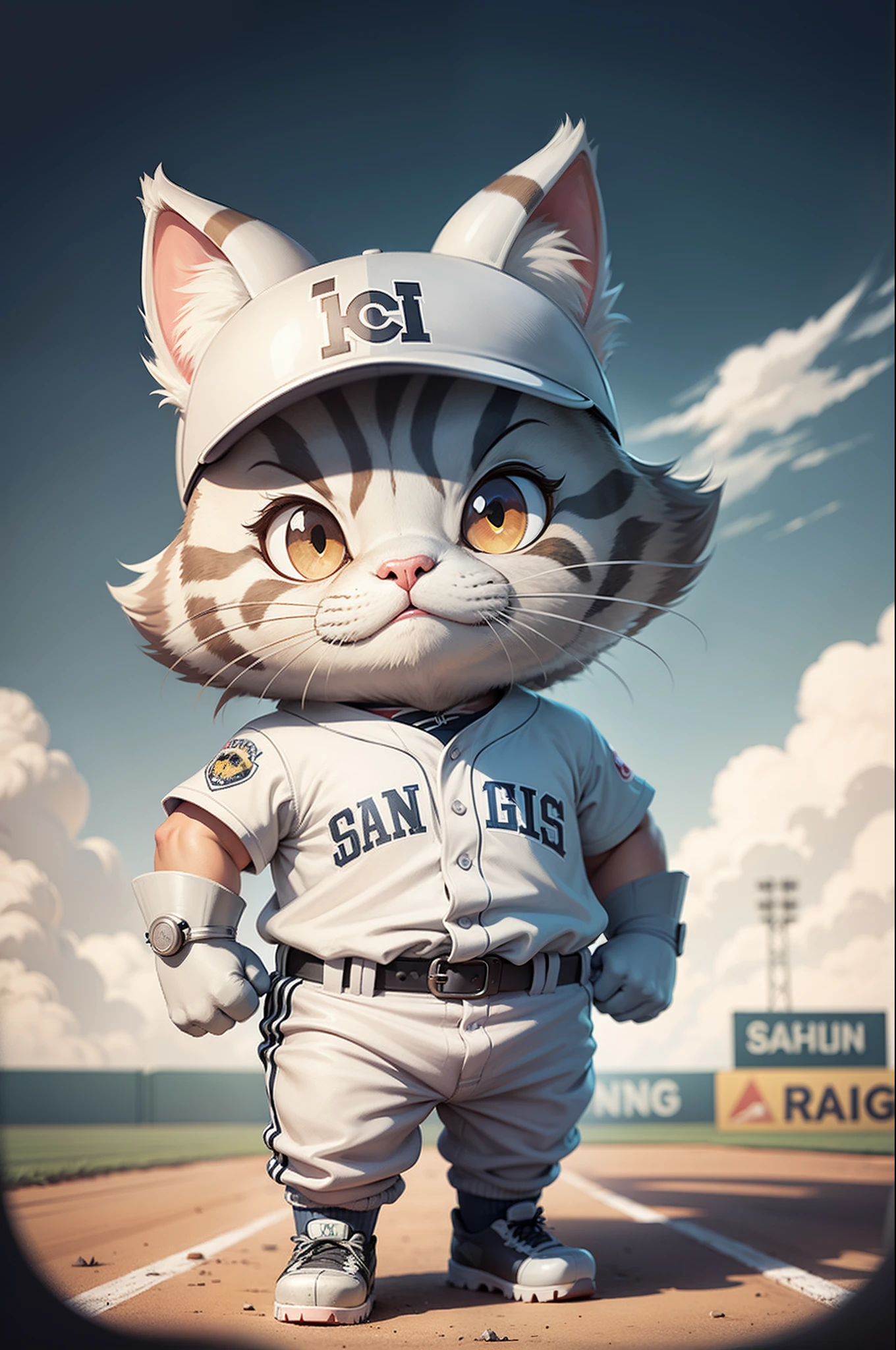 C4tt4stic, Cartoon silver tabby cat on baseball uniform,