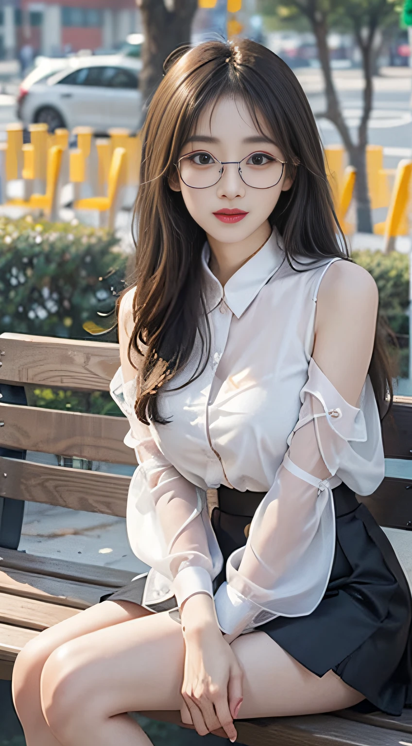 （Girl sitting on bench and crossing legs）ulzzang -6500-v1.1、(Raw foto:1.2)、(Photorealsitic:1.4)、a beautiful detailed girl、extremely detailed eye and face、beatiful detailed eyes、A smile、huge filesize、ultra-detailliert、hight resolution、ighly detailed、top-quality、​masterpiece、((Translucent blouse、（Front opening）、Black Tight Skirt、slit))、，Shoulders are visible、（off shoulders）、illustratio、ighly detailed、nffsw、unification、8k wallpaper、astonishing、finely detail、​masterpiece、top-quality、Highly detailed ticker uniform 8K wallpaper、 Light on the Face、电影灯光、1girl in、sixteen years old、Long grey hair、side split、(Beautiful breasts)、(witheout panties))、(eye glasses)、((dynamicposes)))、((sexypose)))、(camel's toe)、(half)、(panthyhose)、((Black hip skirt))