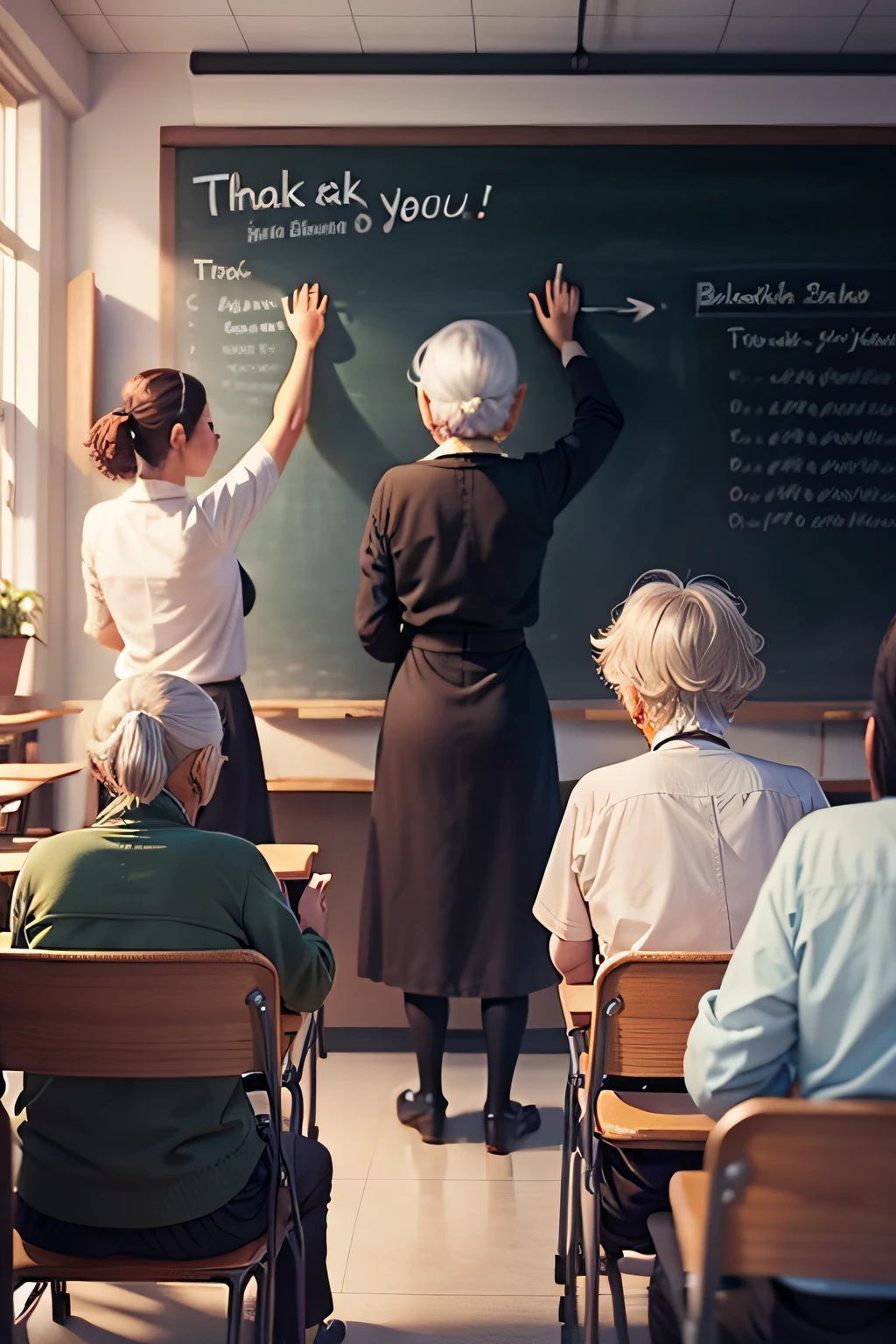 five elderly standing in the front of classroom, Thank You on the blackboard, colorful, masterpiece