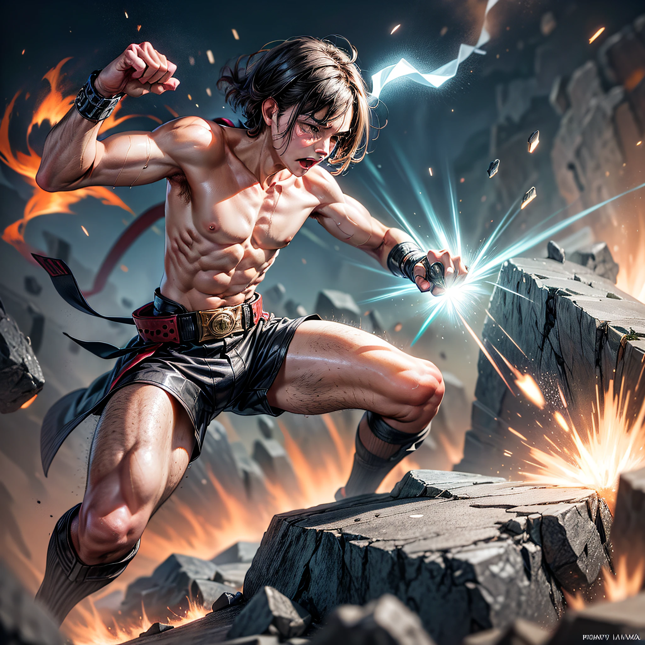 Perfect image of a man destroying a rock with a punch detail of the debris flying the shock wave at the moment of impact sharp details of the force employed, accurately displaying various debris and fragments of the rock being captured by the camera at the moment of impact.