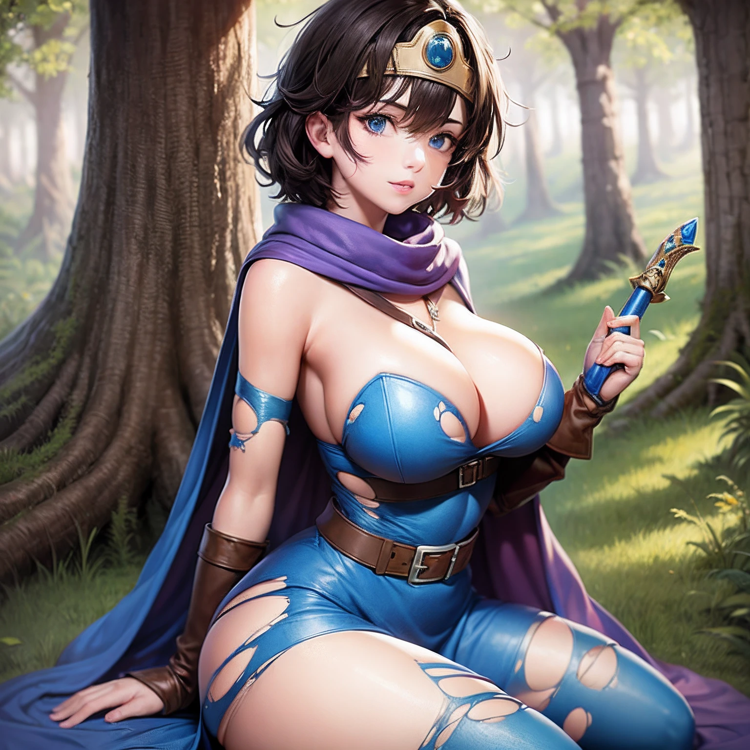 (masterpiece:1.1, Best Quality:1.1, 16K HDR:1.1, High resolution:1.1), (sheathed weapon on back:1.2), roto (DQ3), 1girl in, Solo, Short hair, Brown hair, Blue eyes, circlet, Large breasts, gigantic cleavage breasts, Strapless, (Torn blue dress:1.5), Purple Cape, thighs thighs thighs thighs, elbow groves, long boots, Belt bag, scabbard,, knee boots, In an deep forest near lake,